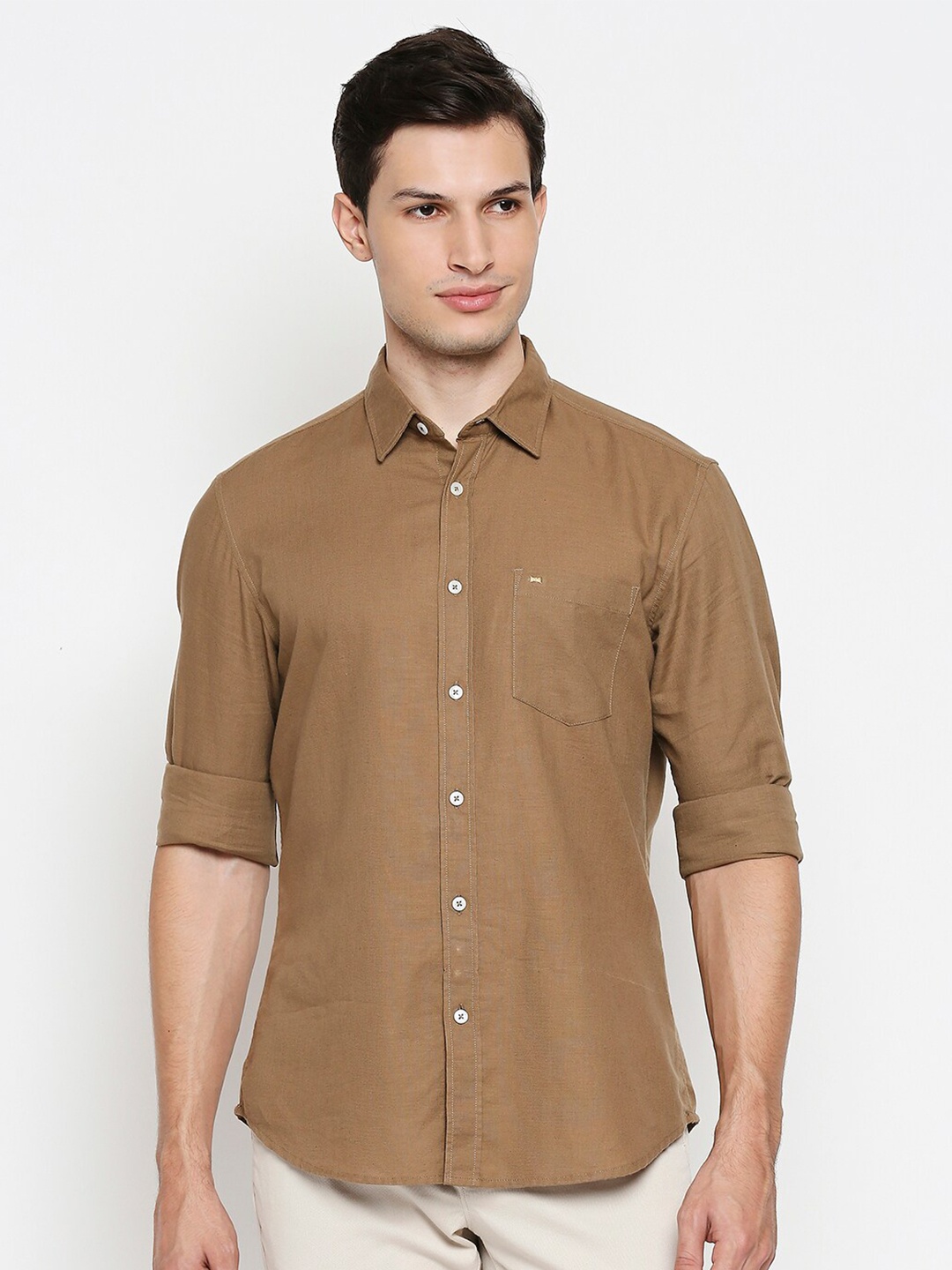 

Basics Men Khaki Slim Fit Cotton Hemp Casual Shirt