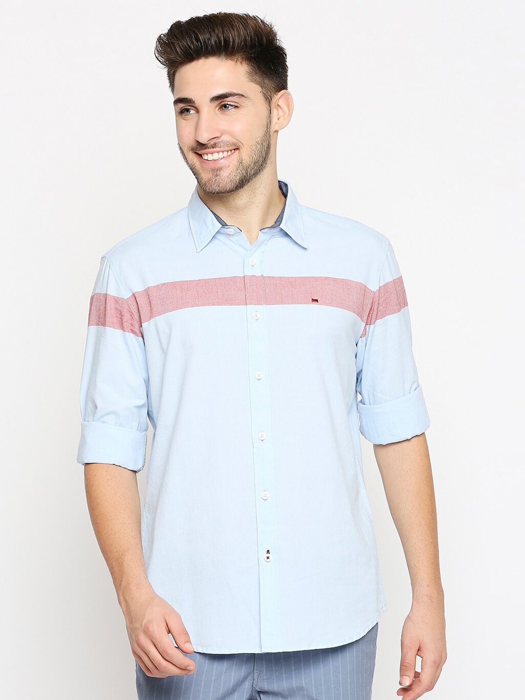 

Basics Men Blue& Maroon Slim Fit Horizontal Striped Pure Cotton Casual Shirt