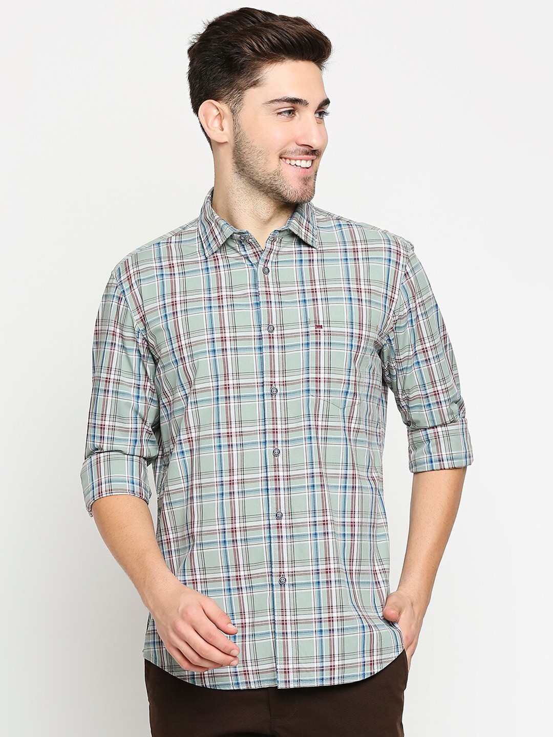 

Basics Men Green Slim Fit Tartan Checked Cotton Casual Shirt