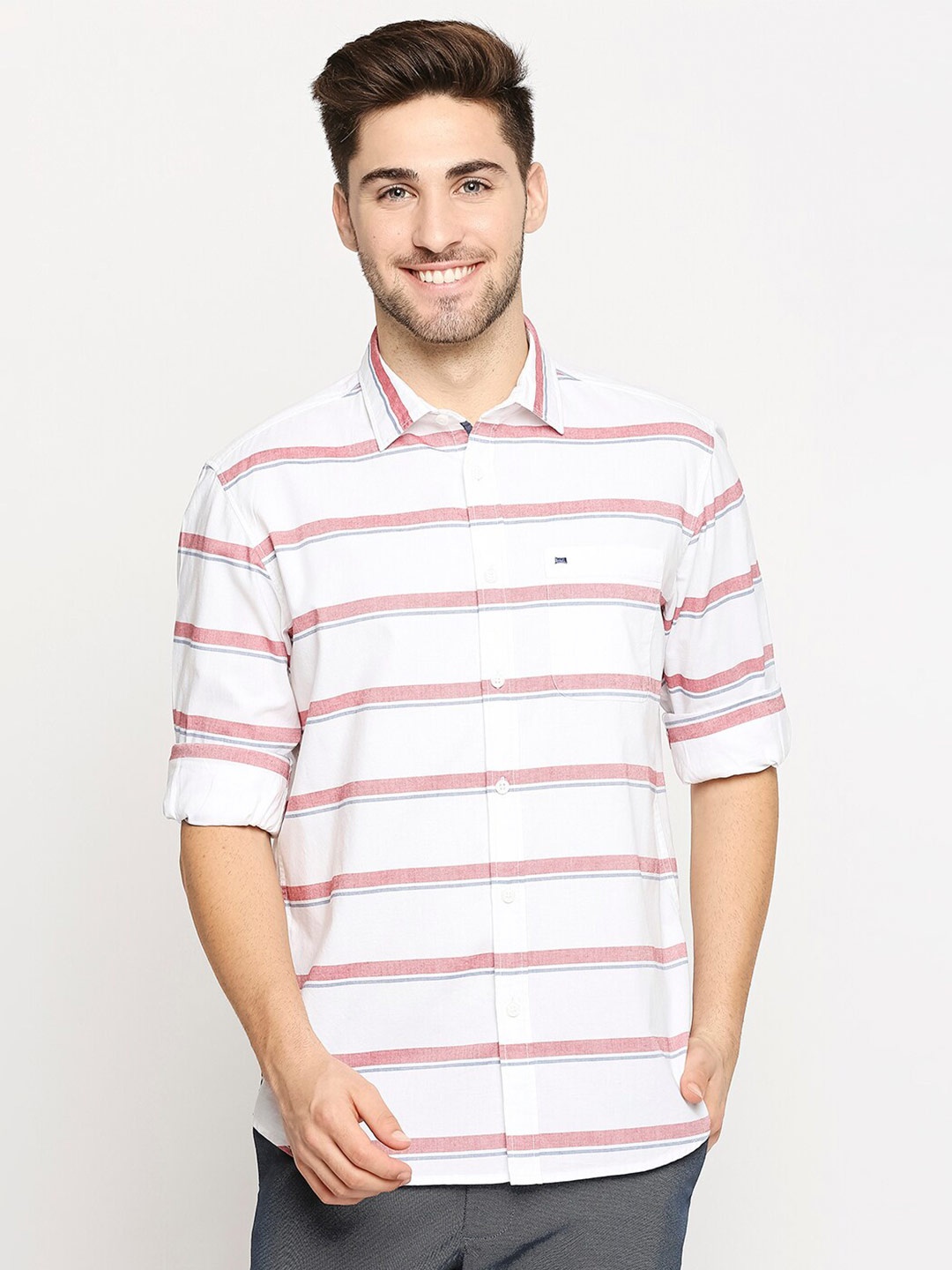 

Basics Men Red Slim Fit Horizontal Striped Cotton Casual Shirt