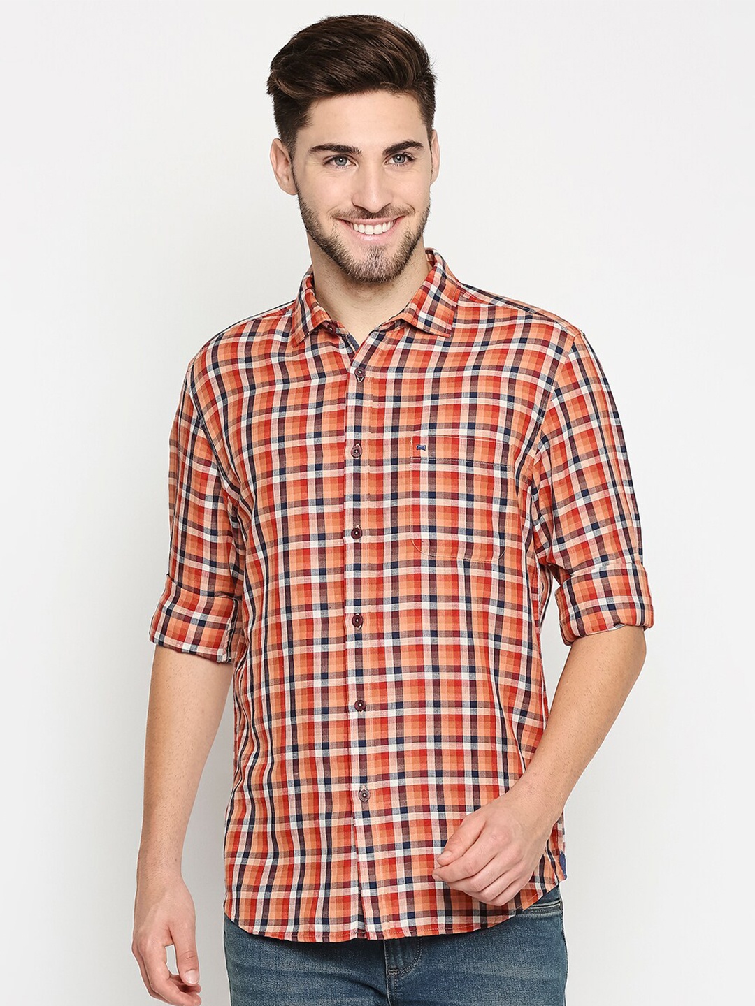 

Basics Men Orange Slim Fit Checked Cotton Casual Shirt