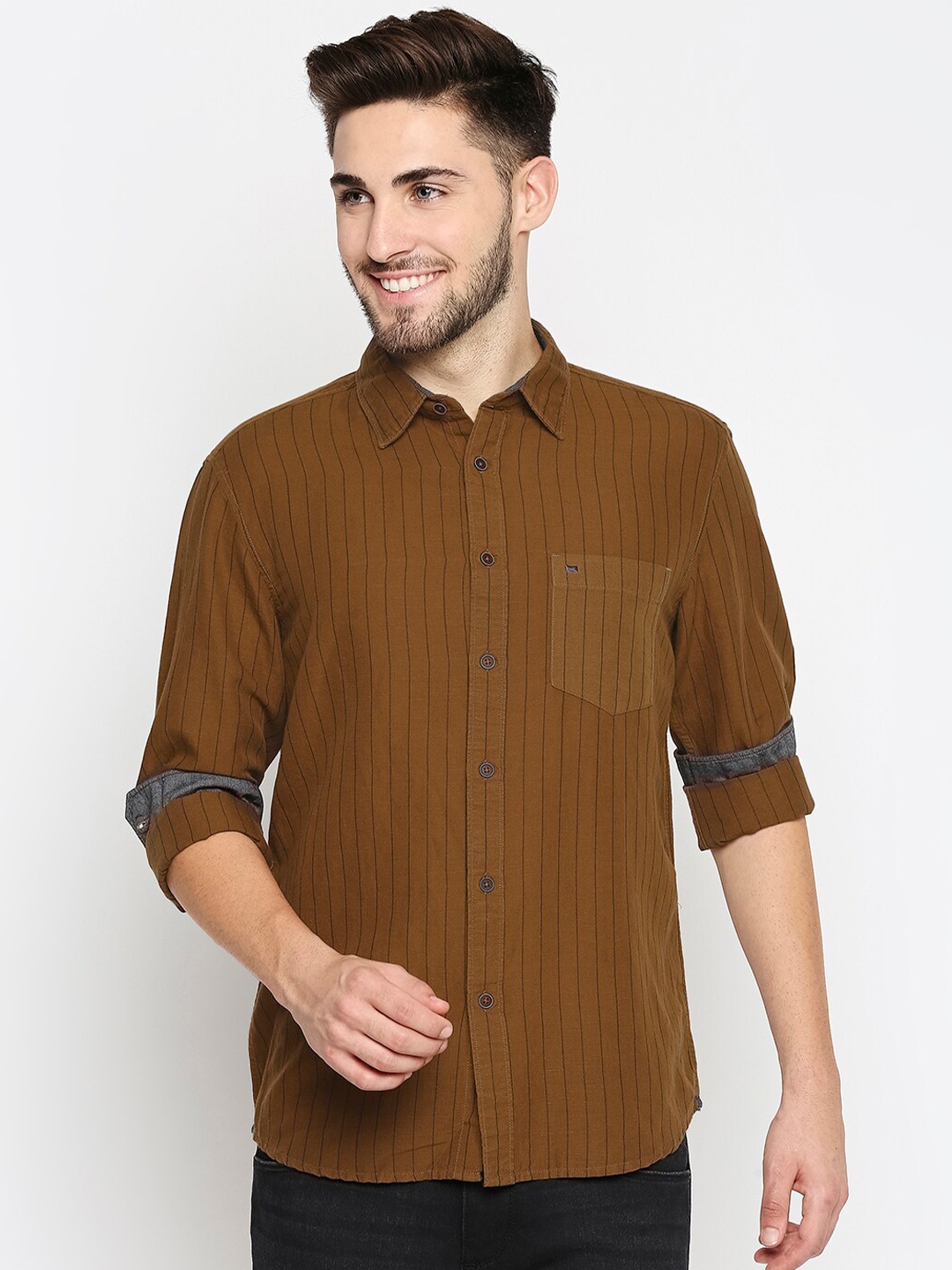 

Basics Men Khaki Slim Fit Checked Casual Shirt