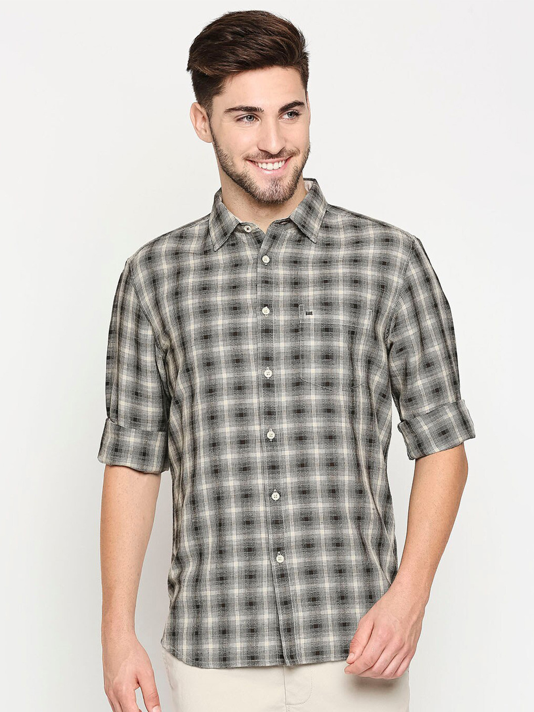 

Basics Men Green Slim Fit Checked Casual Shirt