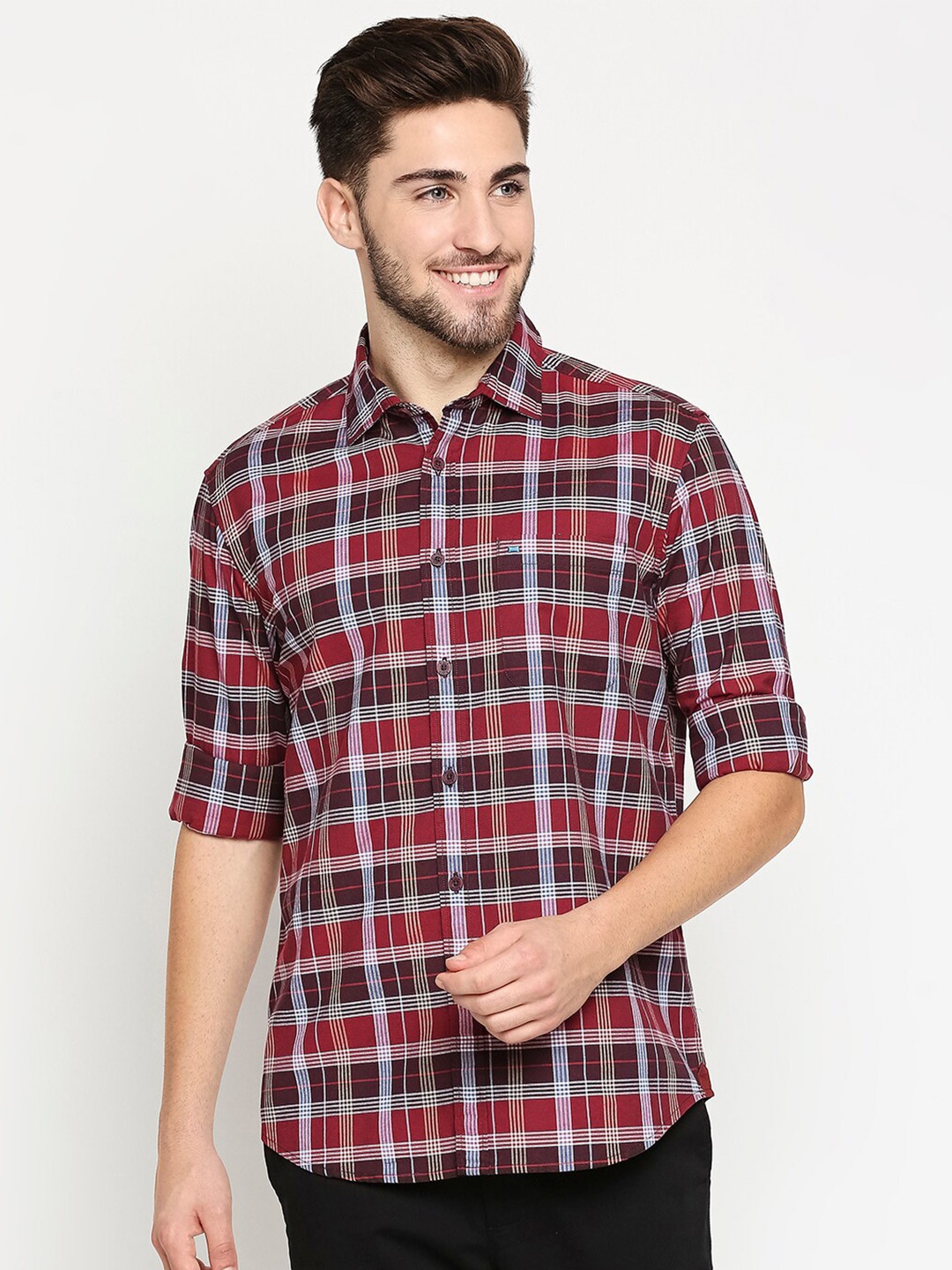 

Basics Men Maroon & Red Slim Fit Tartan Checked Pure Cotton Casual Shirt