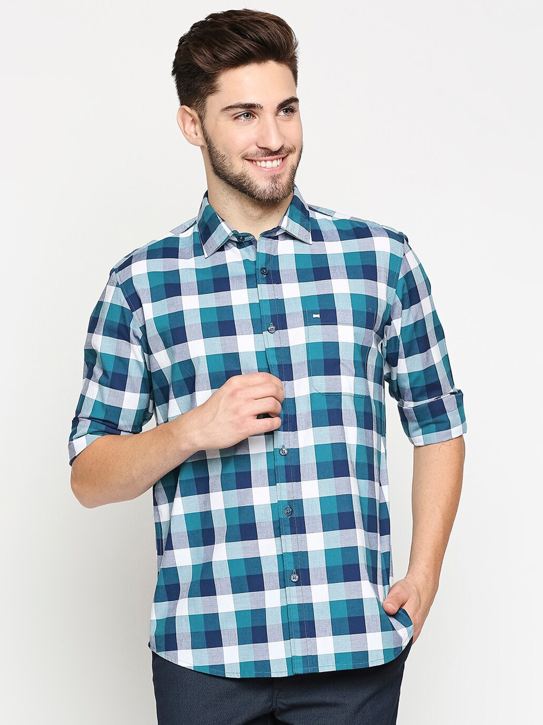 

Basics Men Teal Slim Fit Buffalo Checks Casual Shirt
