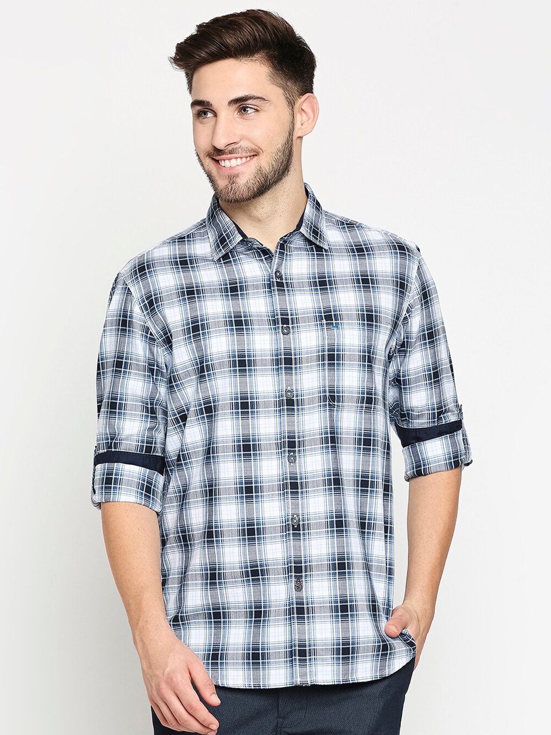 

Basics Men Blue Slim Fit Tartan Checked Pure Cotton Casual Shirt