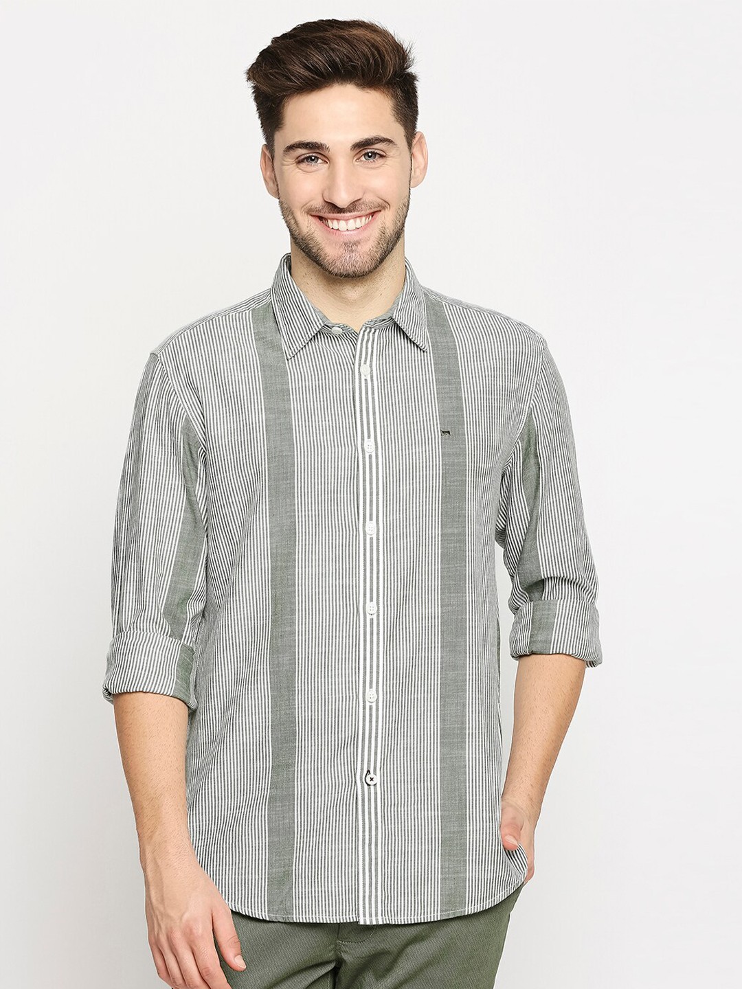 

Basics Men Green Slim Fit Striped Cotton Casual Shirt