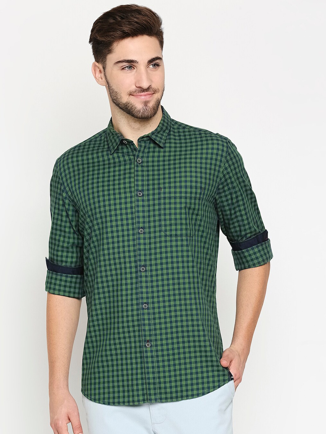 

Basics Men Green Slim Fit Grid Tattersall Checked Cotton Casual Shirt