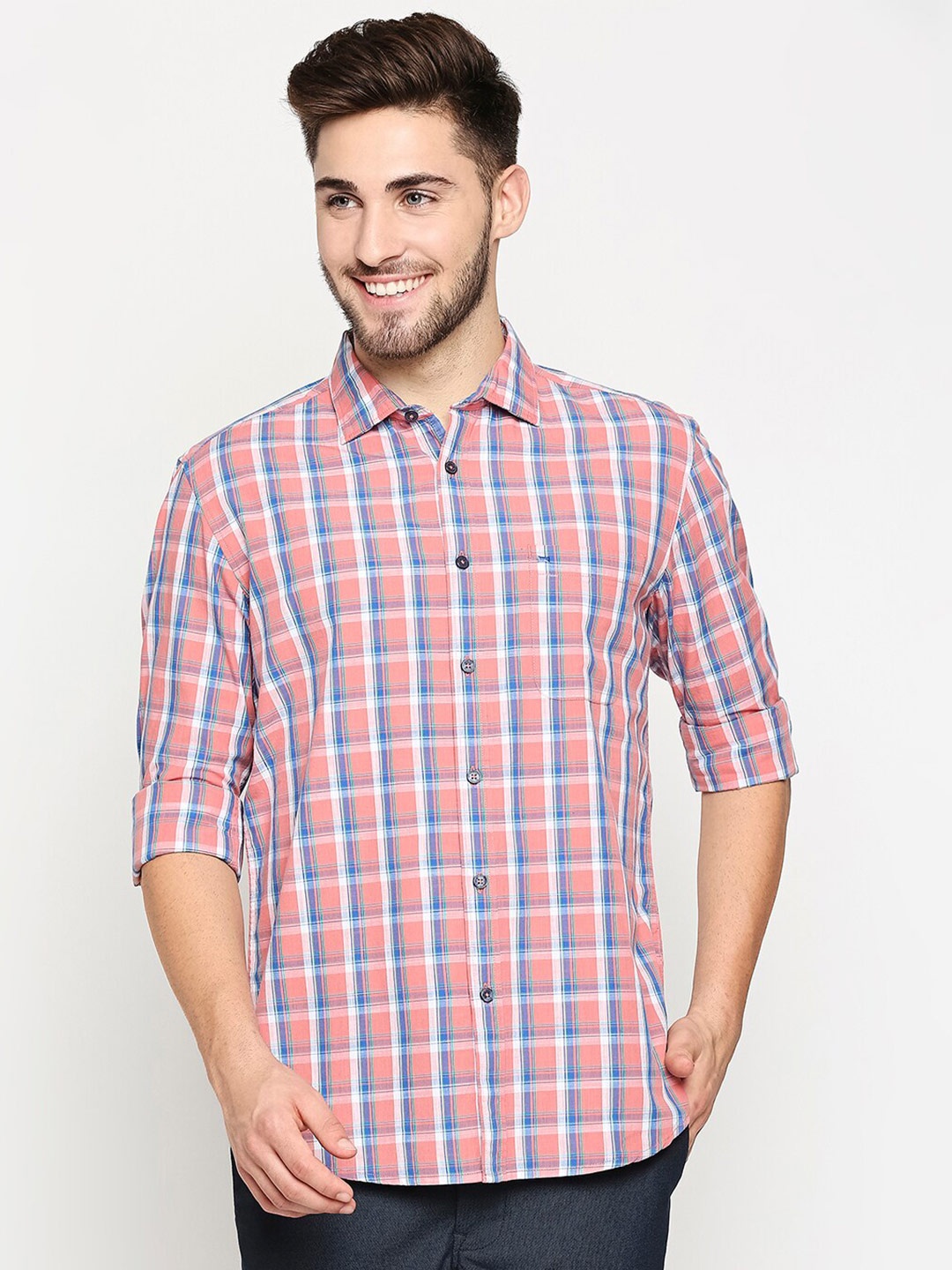 

Basics Men Pink & White Slim Fit Checked Pure Cotton Casual Shirt