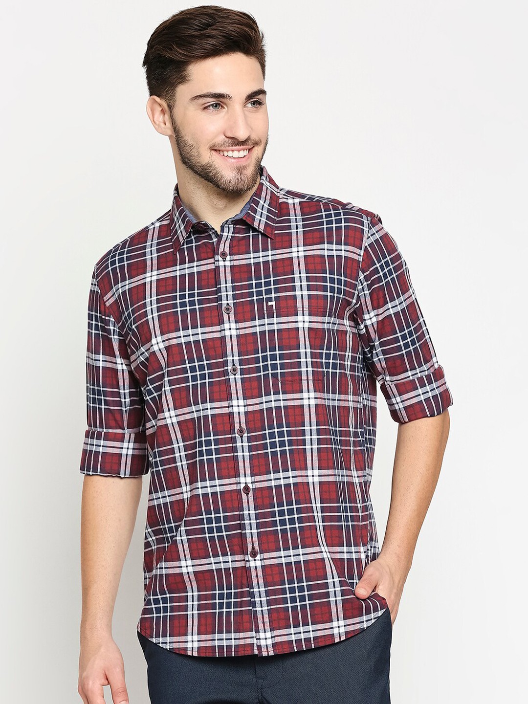 

Basics Men Maroon Slim Fit Tartan Checks Checked Casual Shirt