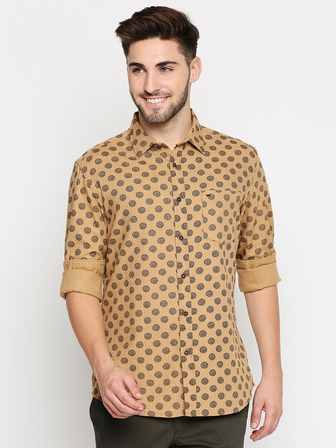 

Basics Men Brown & Black Slim Fit Printed Pure Cotton Casual Shirt