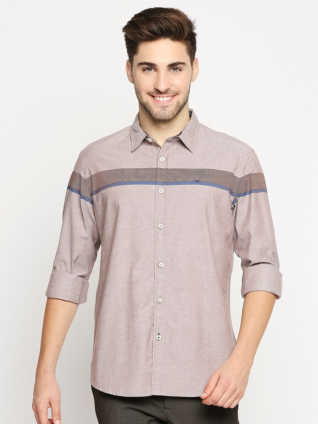 

Basics Men Brown Slim Fit Horizontal Striped Pure Cotton Casual Shirt
