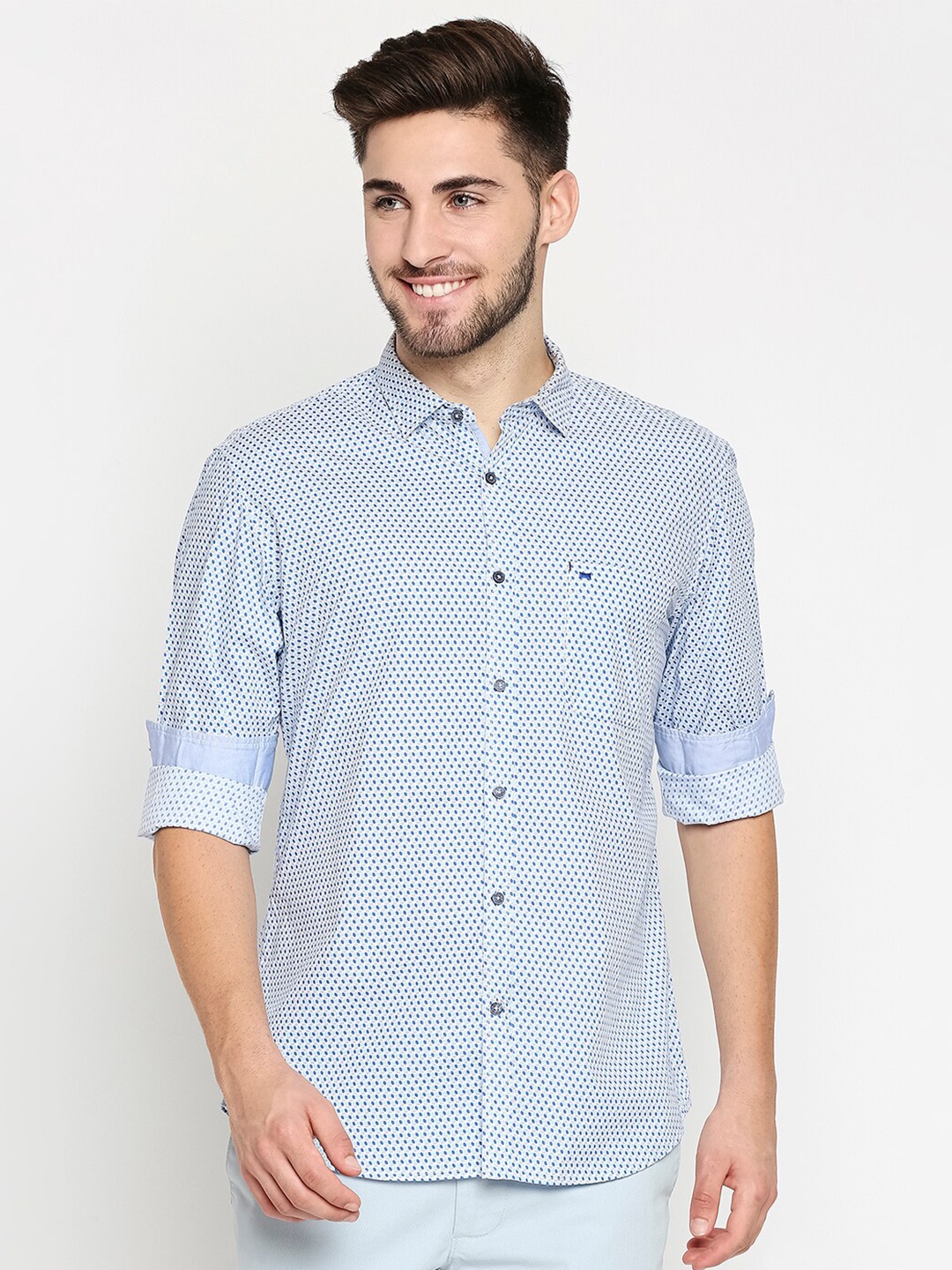 

Basics Men Blue Slim Fit Pure Cotton Printed Casual Shirt