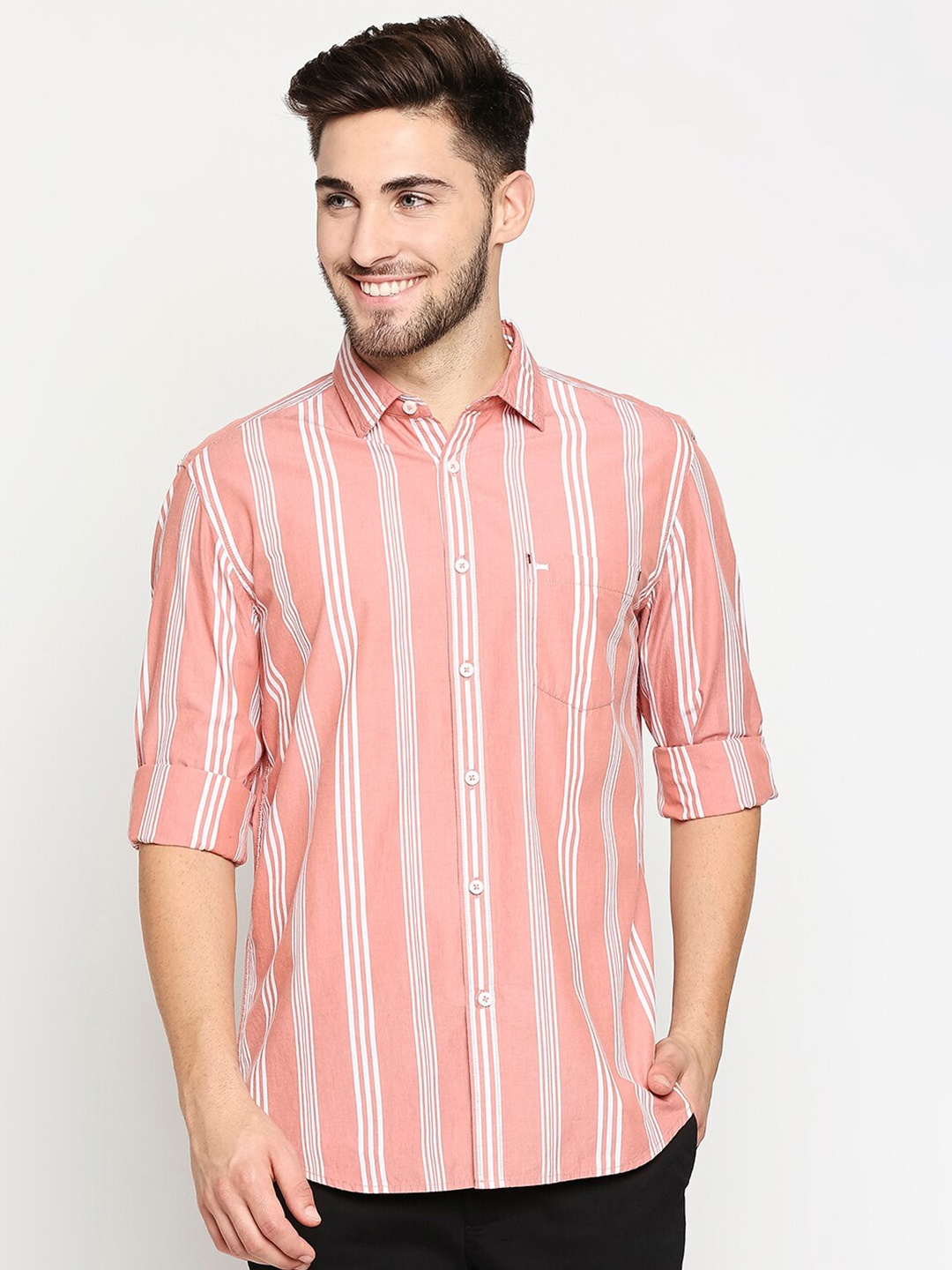 

Basics Men Orange Slim Fit Striped Cotton Casual Shirt