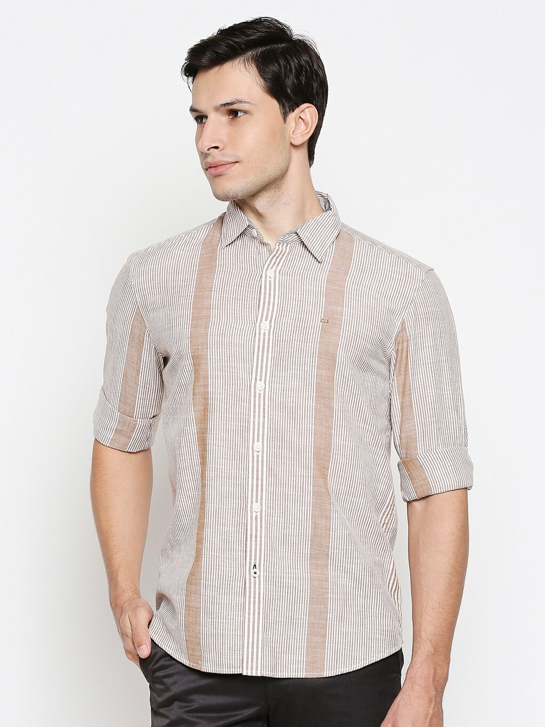 

Basics Men Khaki & Off-White Slim Fit Striped Pure Cotton Casual Shirt