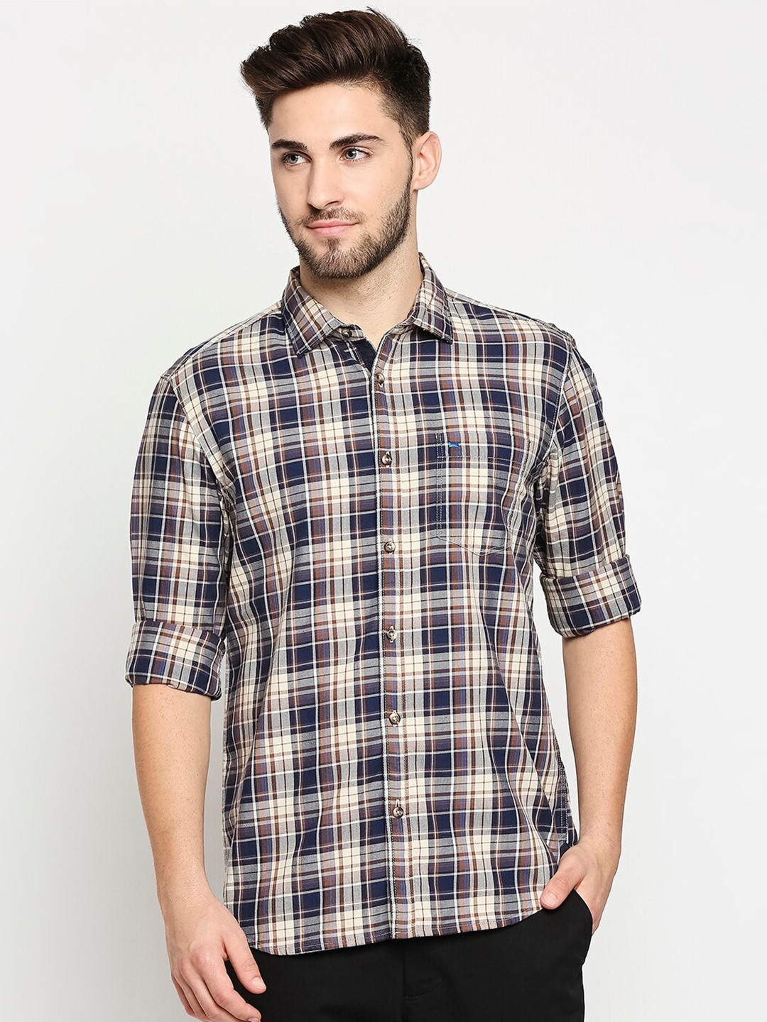 

Basics Men Khaki Slim Fit Tartan Checks Checked Pure Cotton Casual Shirt