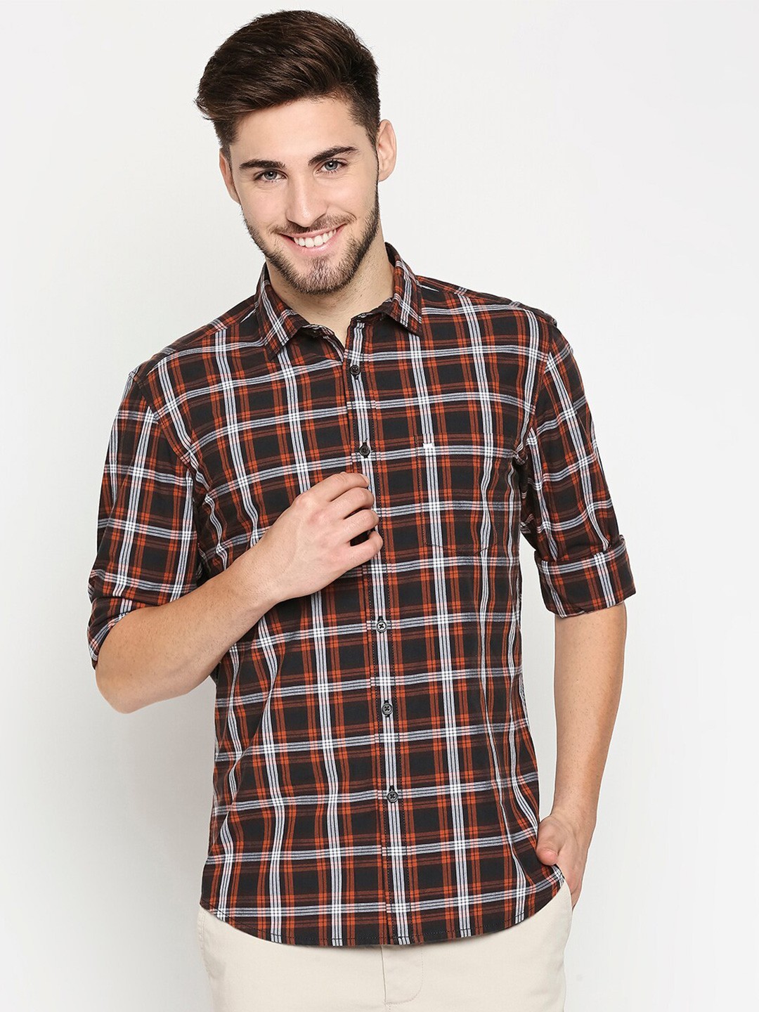 

Basics Men Orange & Black Slim Fit Tartan Checked Pure Cotton Casual Shirt