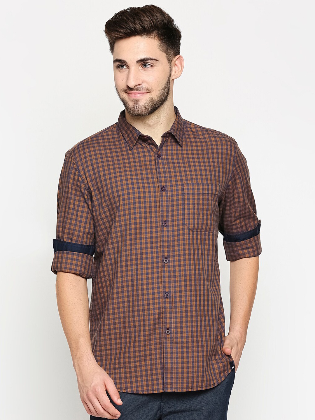 

Basics Men Brown Tartan Checks Slim Fit Casual Shirt