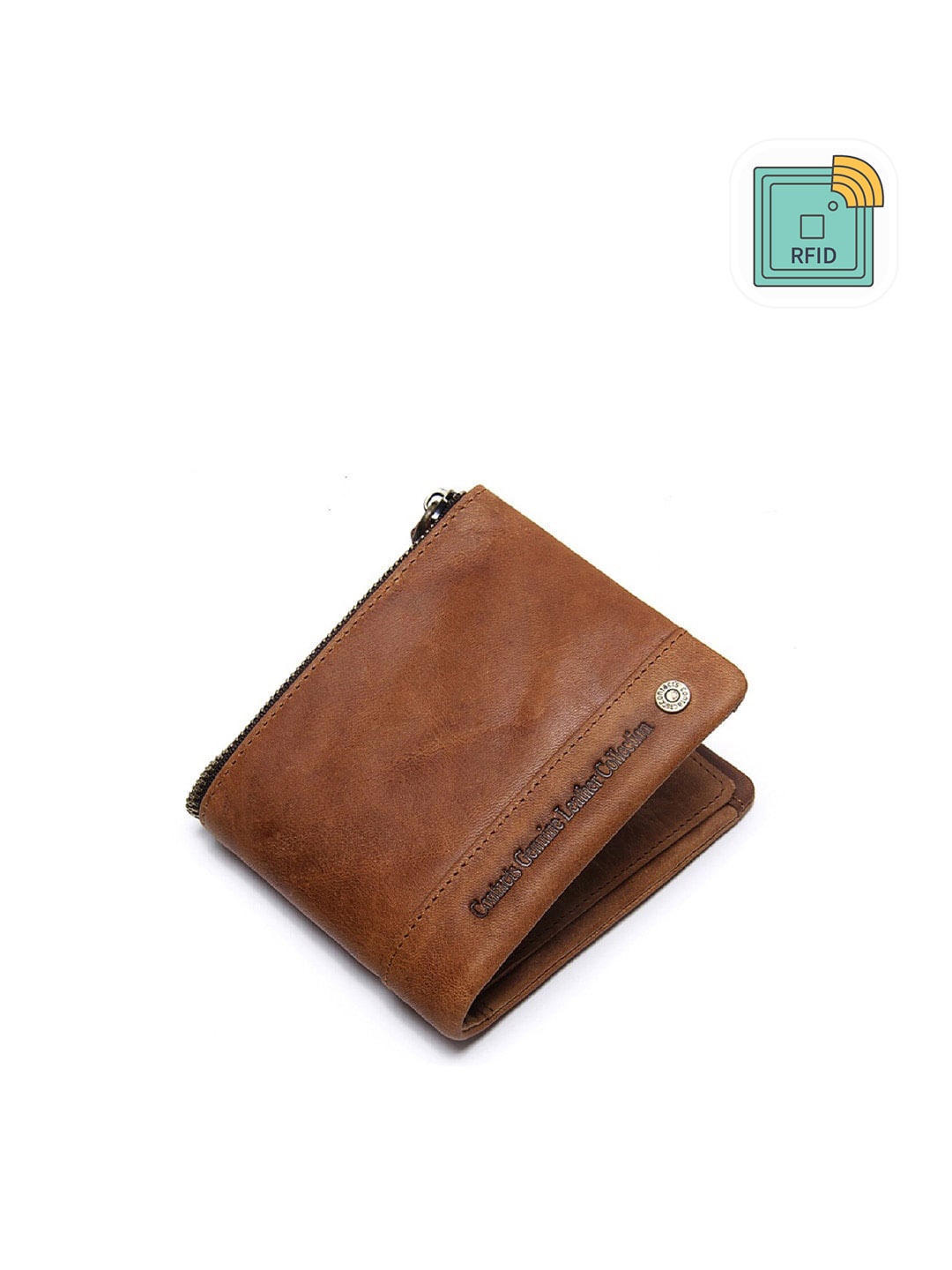 

CONTACTS Men Brown Genuine Leather RFID Two Fold Wallet