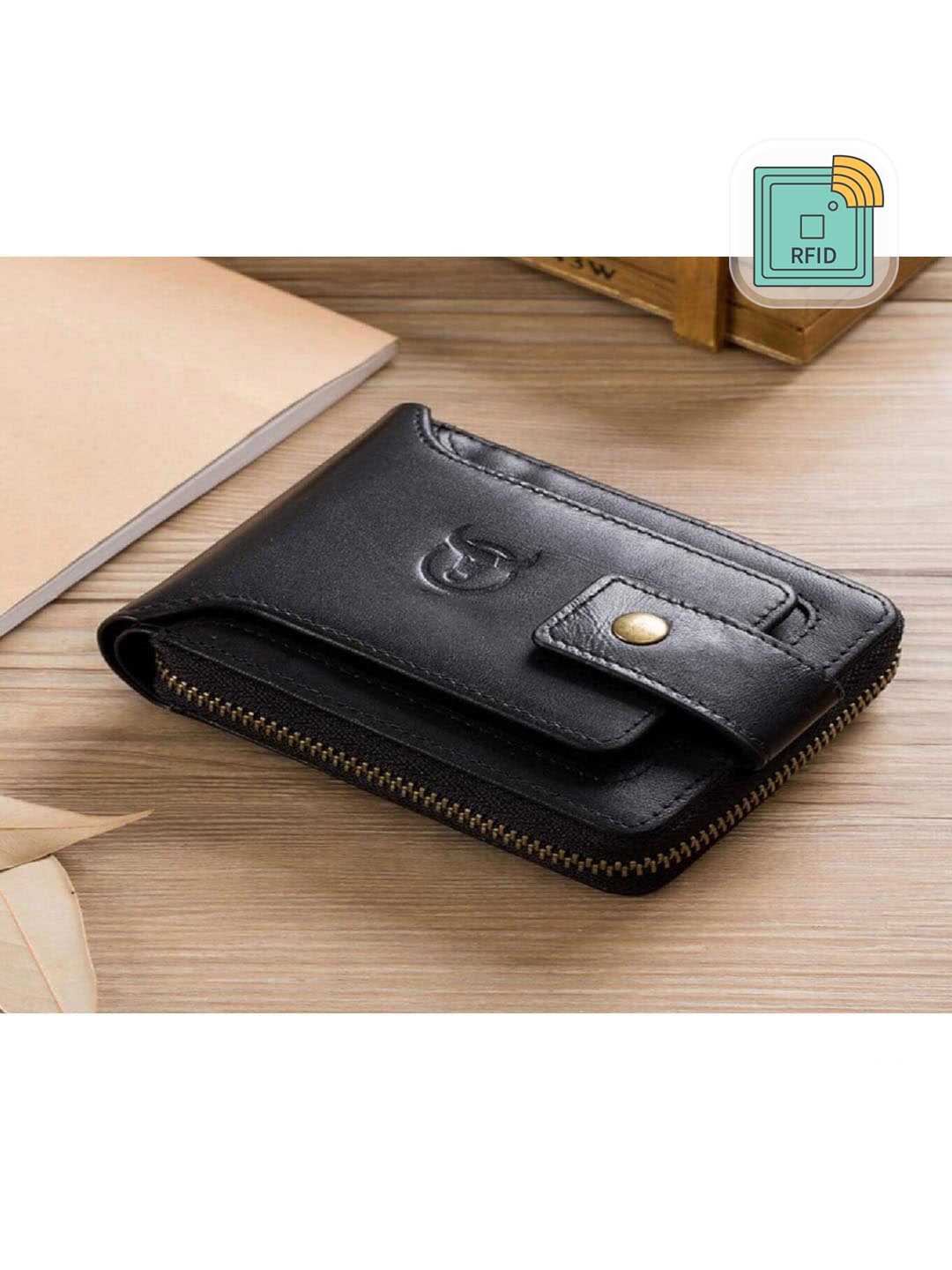 

CONTACTS Men Black Solid RFID Leather Zip Around Wallet