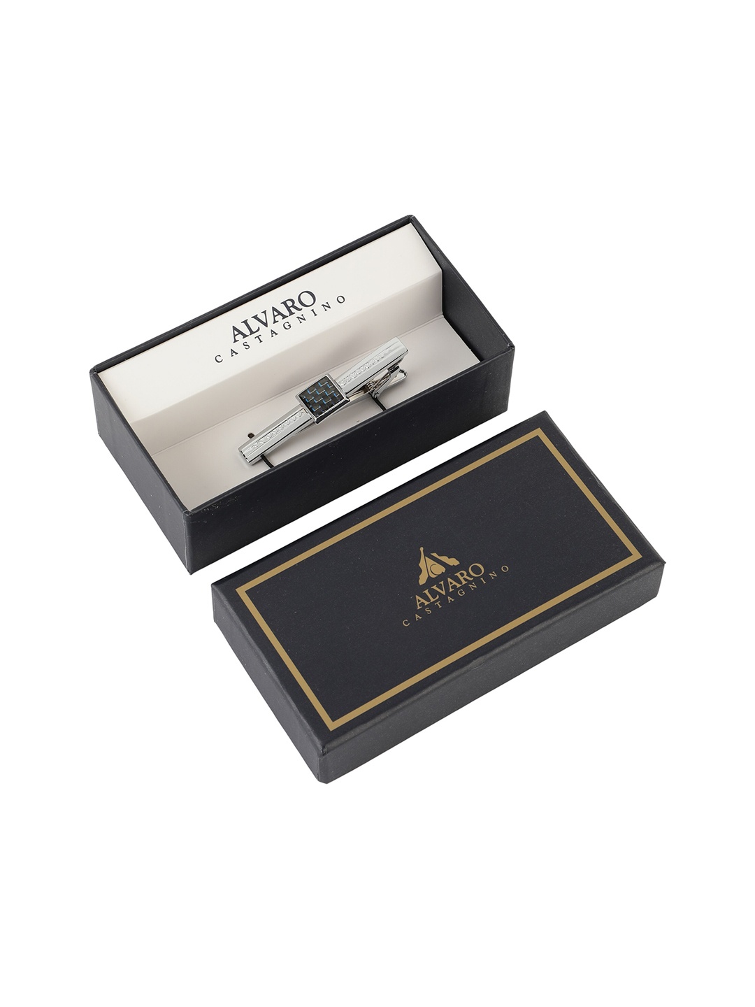 

Alvaro Castagnino Men Silver-Toned Black Stone-Studded Metal Tie Pin