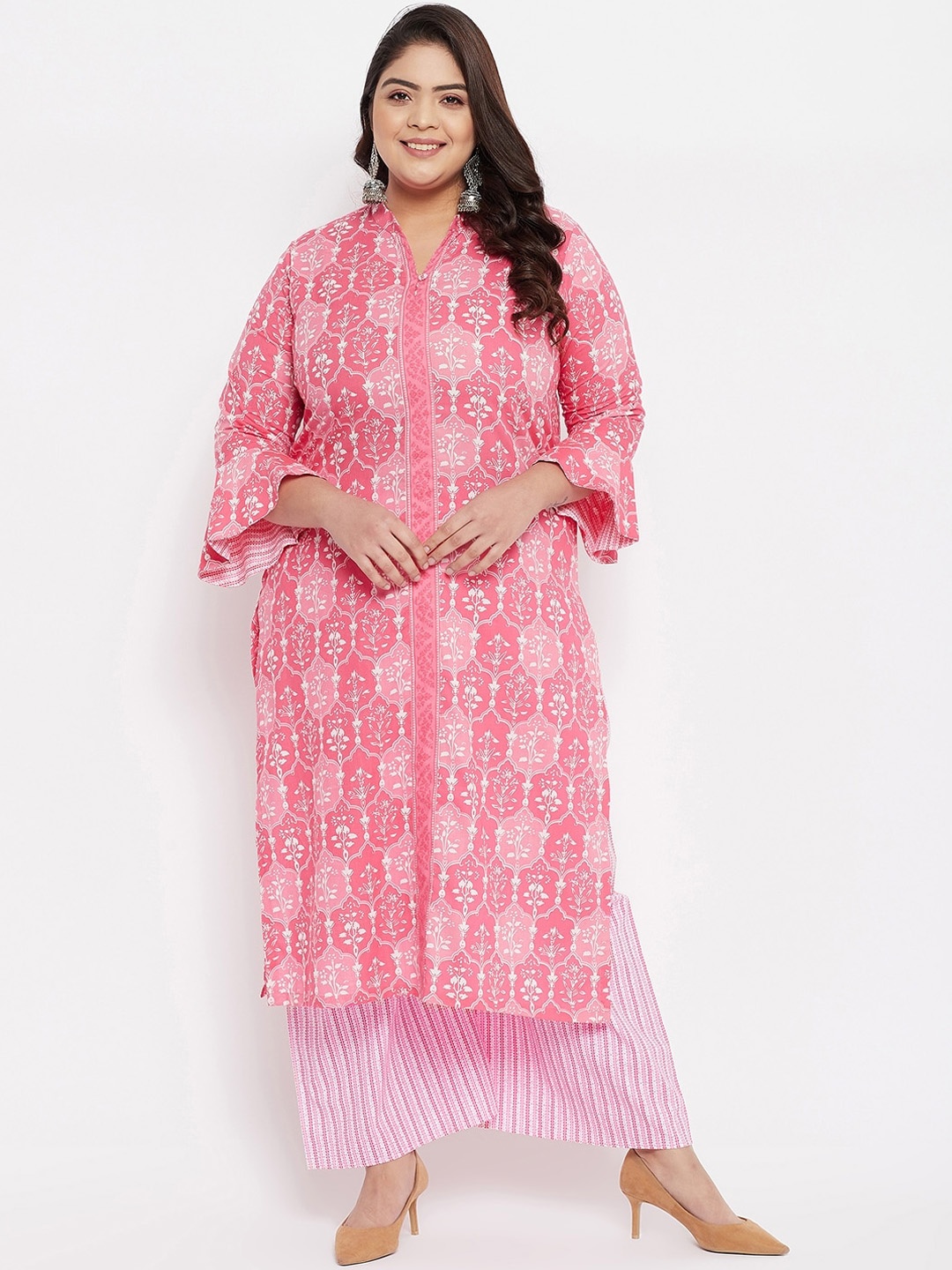 

Tissu Women Pink & White Floral Printed Pure Cotton Kurta with Palazzos