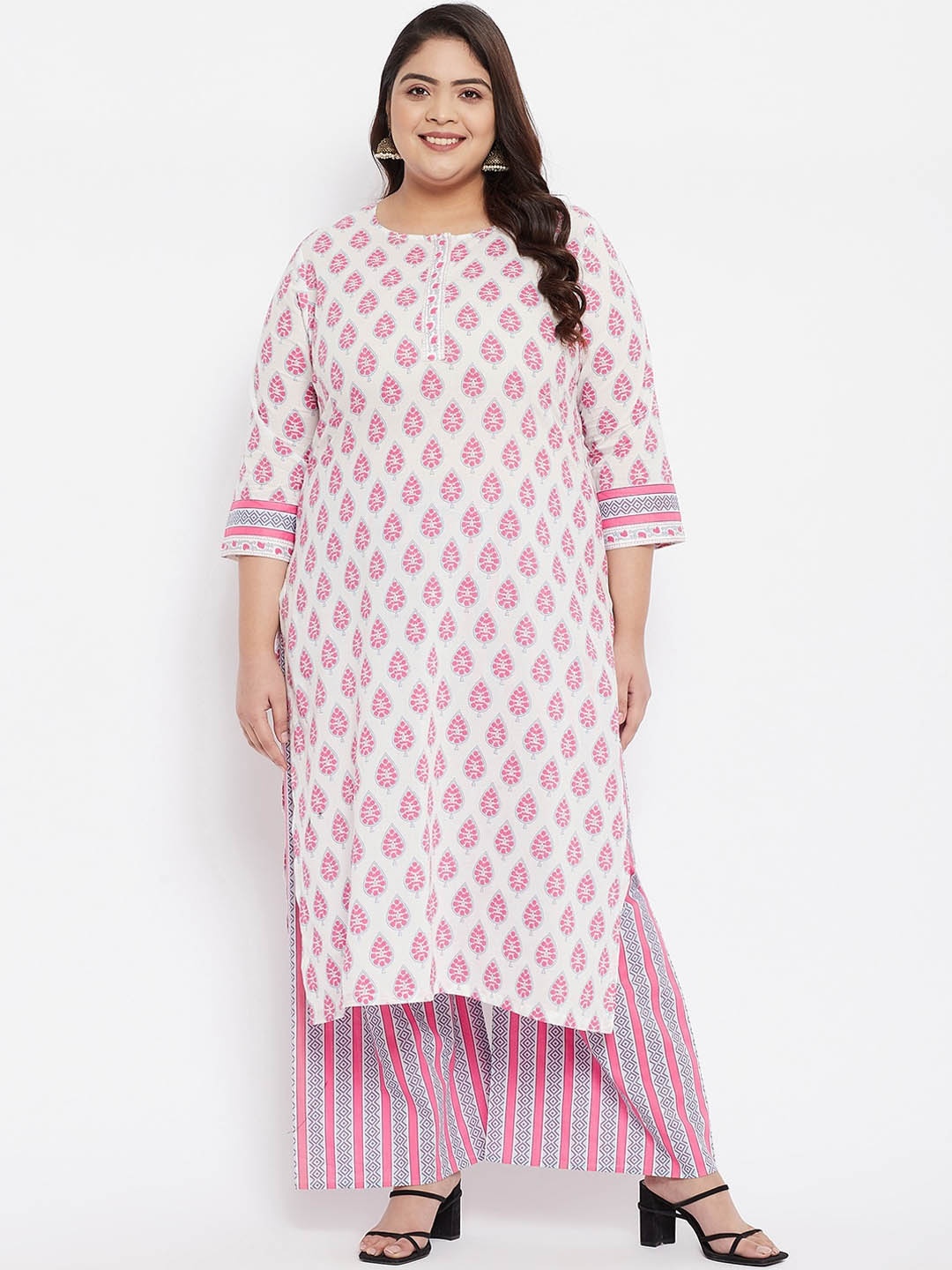 

Tissu Women White Ethnic Motifs Printed Plus Size Pure Cotton Kurta with Palazzos