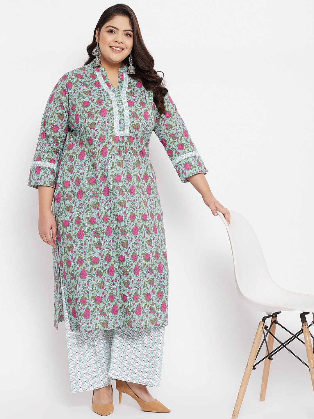 

Tissu Women Green Floral Printed Pure Cotton Kurta with Palazzos