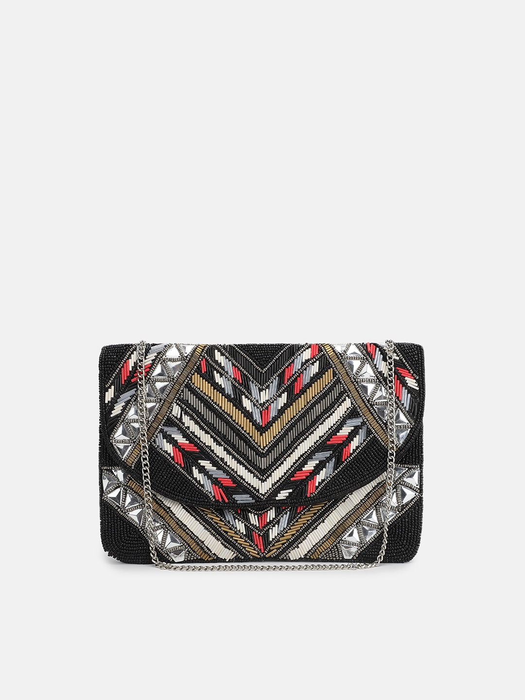 

FABBHUE Black & Gold-Toned Embroidered Pure Cotton Foldover Clutch