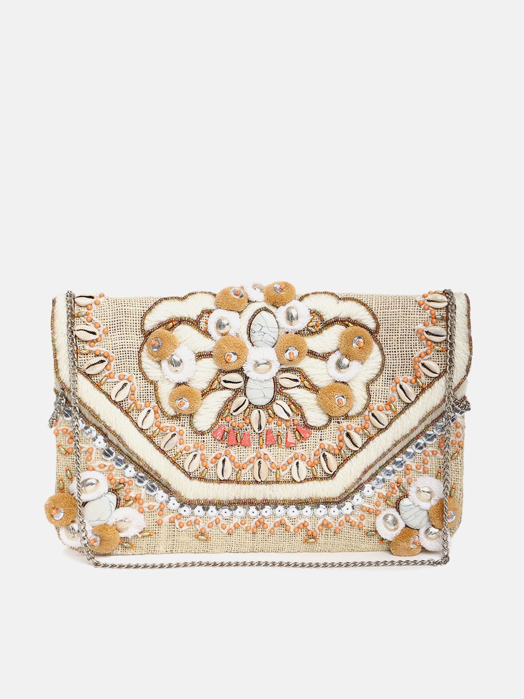 

FABBHUE Off White & Gold-Toned Embellished Foldover Clutch