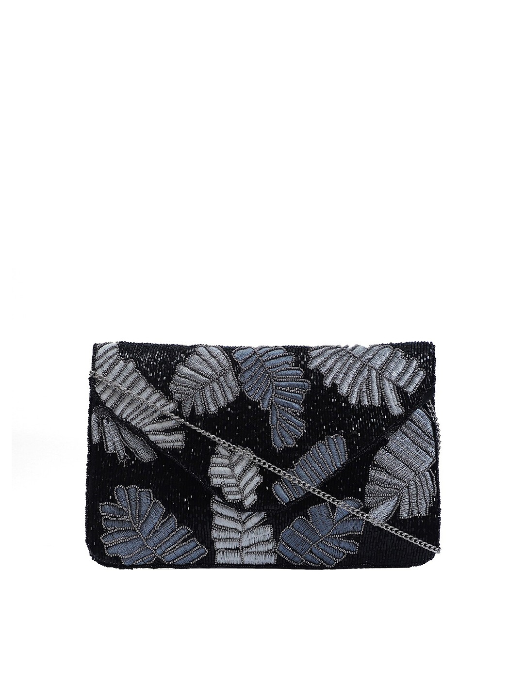 

FABBHUE Women Black & Grey Embroidered Fold Over Clutch
