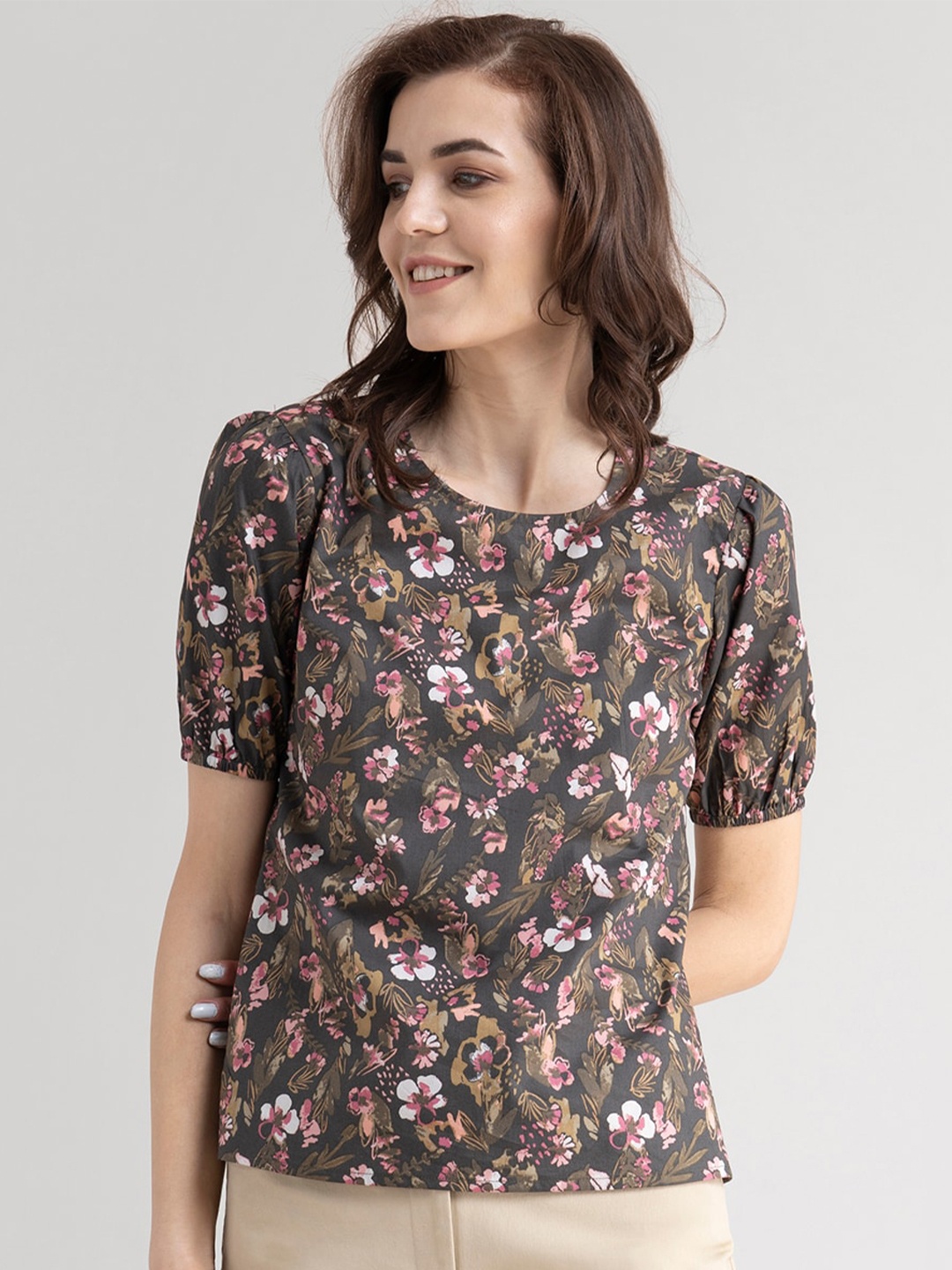 

FableStreet Olive Green Floral Print Pure Cotton Top