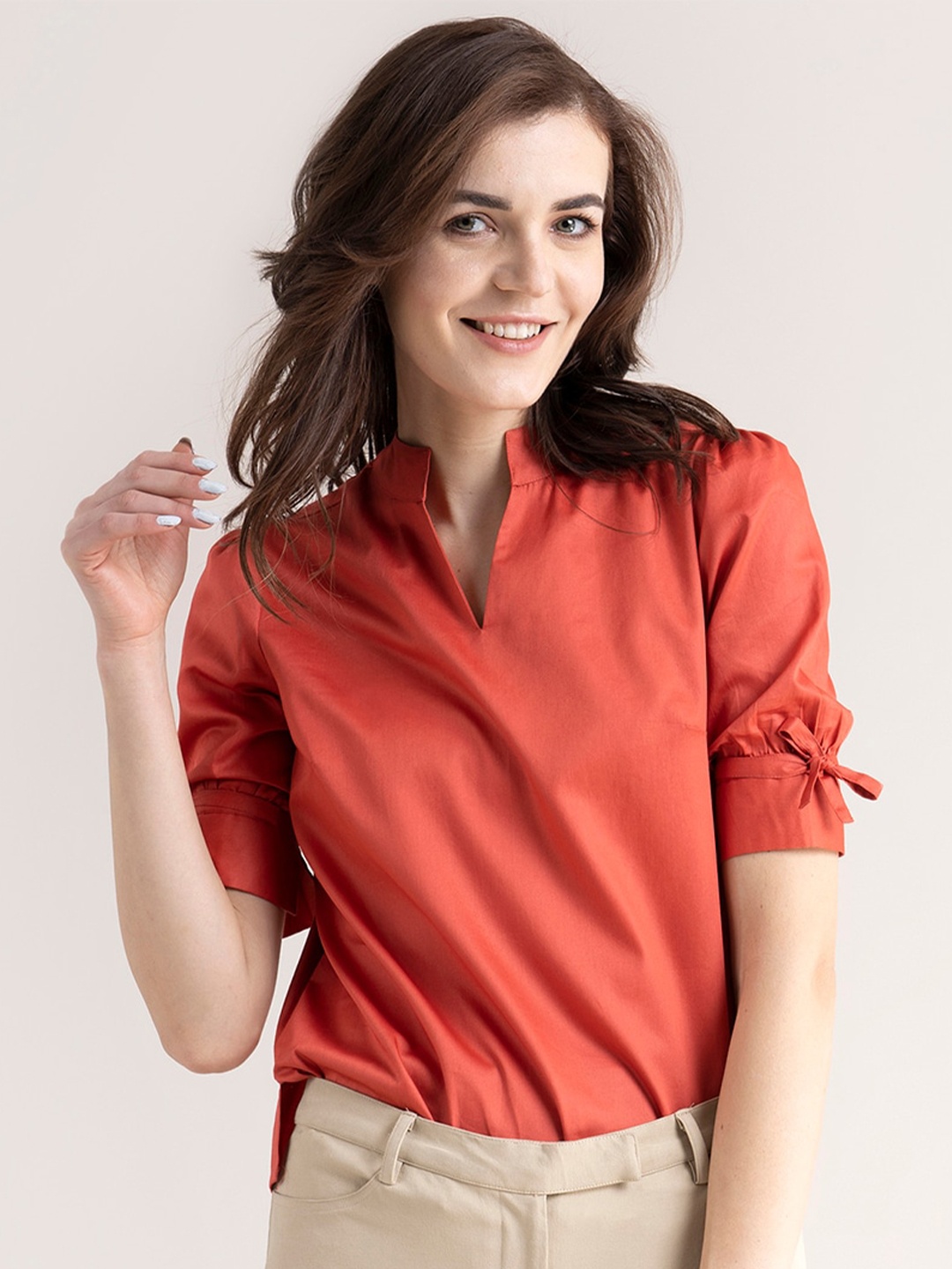 

FableStreet Red Mandarin Collar Top