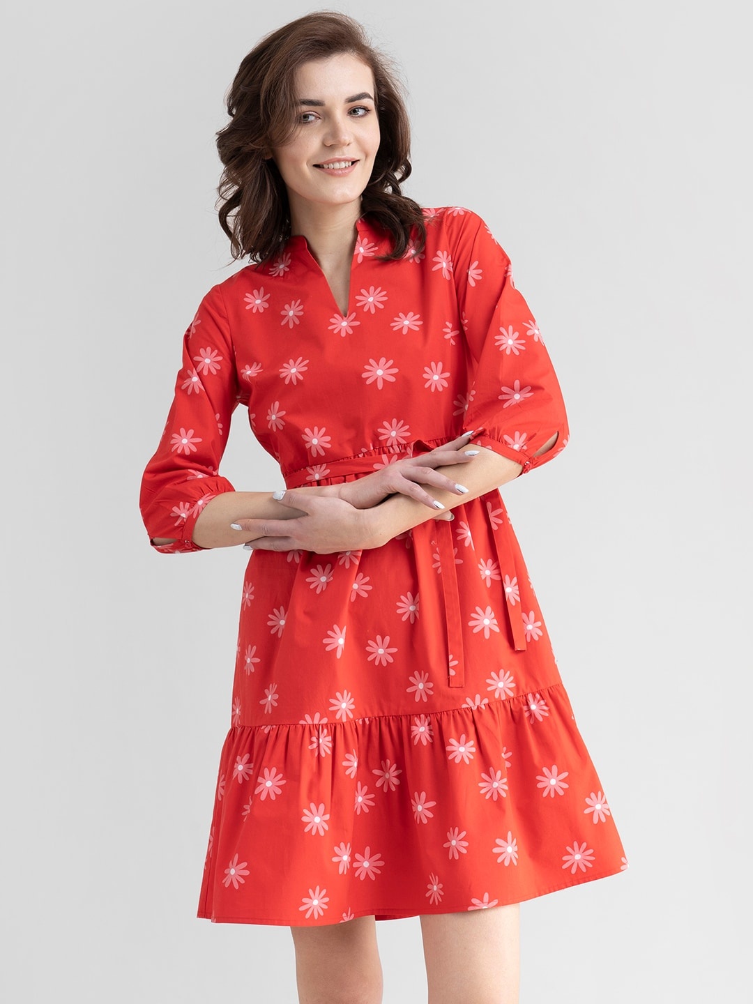 

FableStreet Red Floral Cotton Tiered A-Line Dress