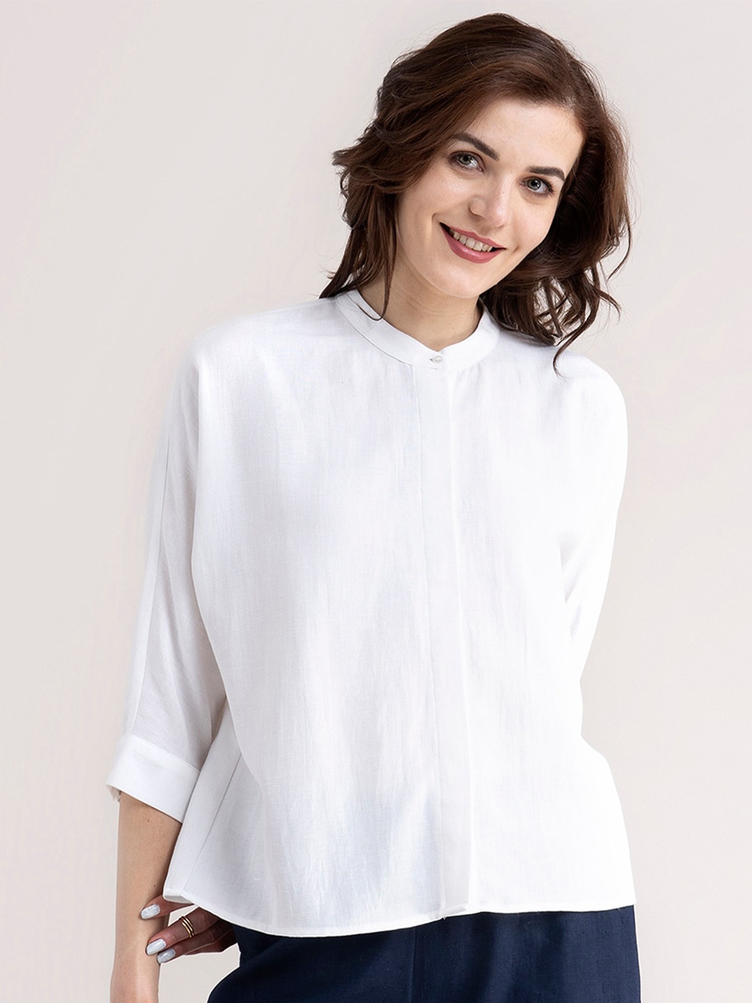 

FableStreet White Mandarin Collar Shirt Style Top