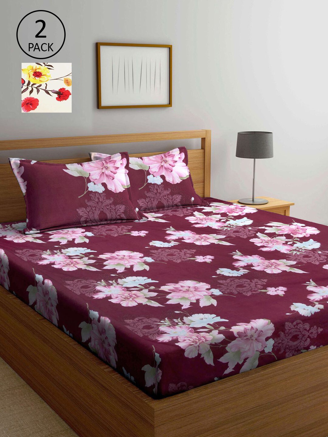 

KLOTTHE Maroon & Beige Floral 210 TC 2 King Bedsheet with 4 Pillow Covers
