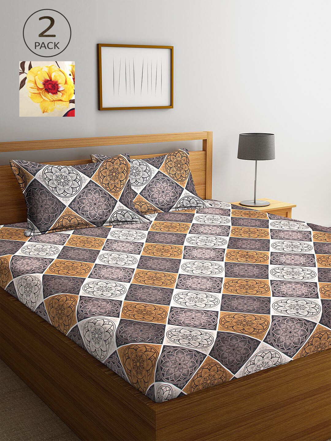 

KLOTTHE Brown & Beige Floral 210 TC 2 King Bedsheet with 4 Pillow Covers