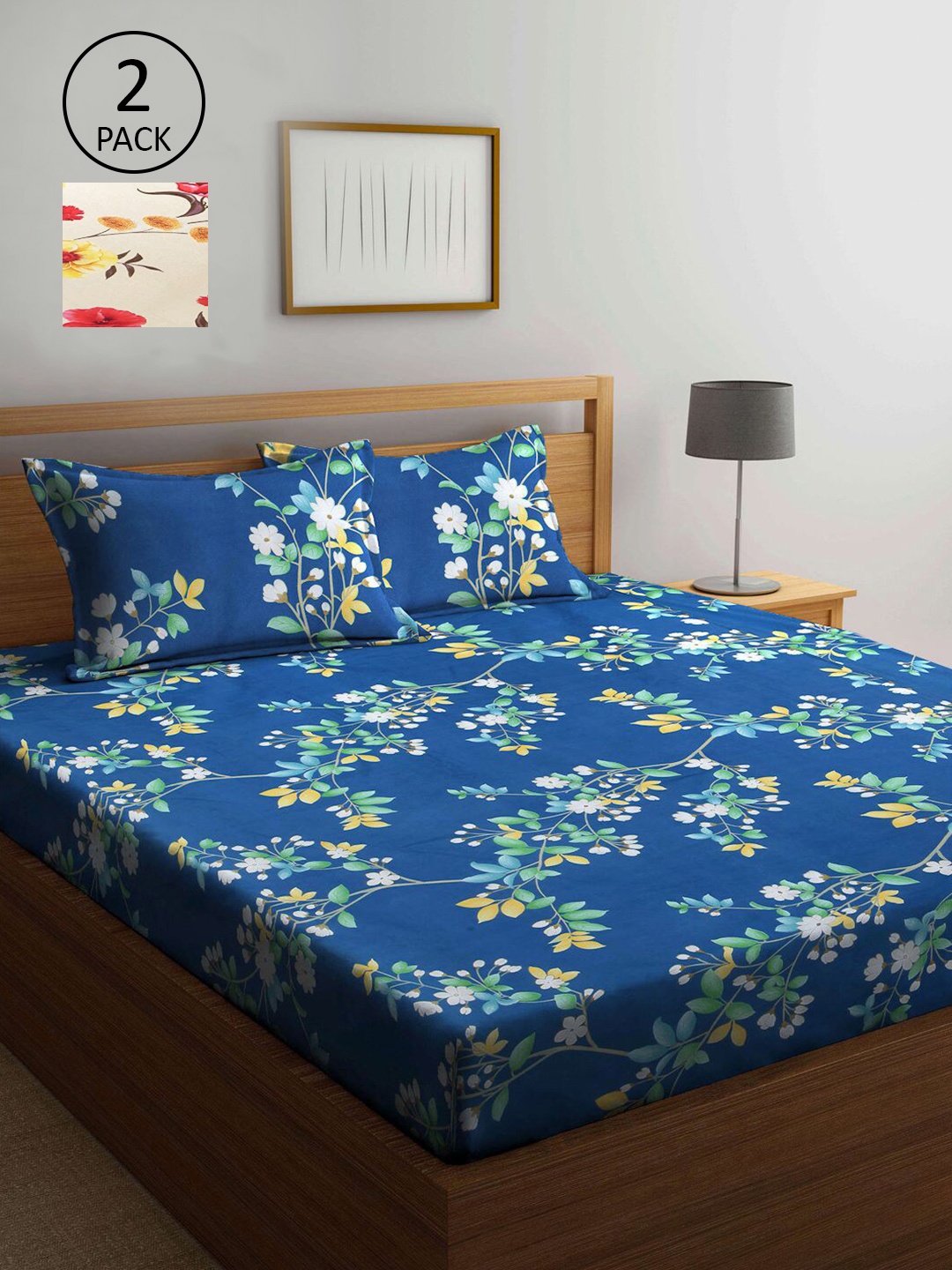 

KLOTTHE Blue & Cream-Coloured Floral 210 TC 2 King Bedsheet with 4 Pillow Covers