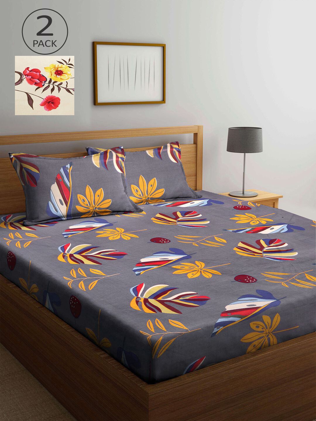 

KLOTTHE Grey & Cream-Coloured Floral 210 TC 2 King Bedsheet with 4 Pillow Covers