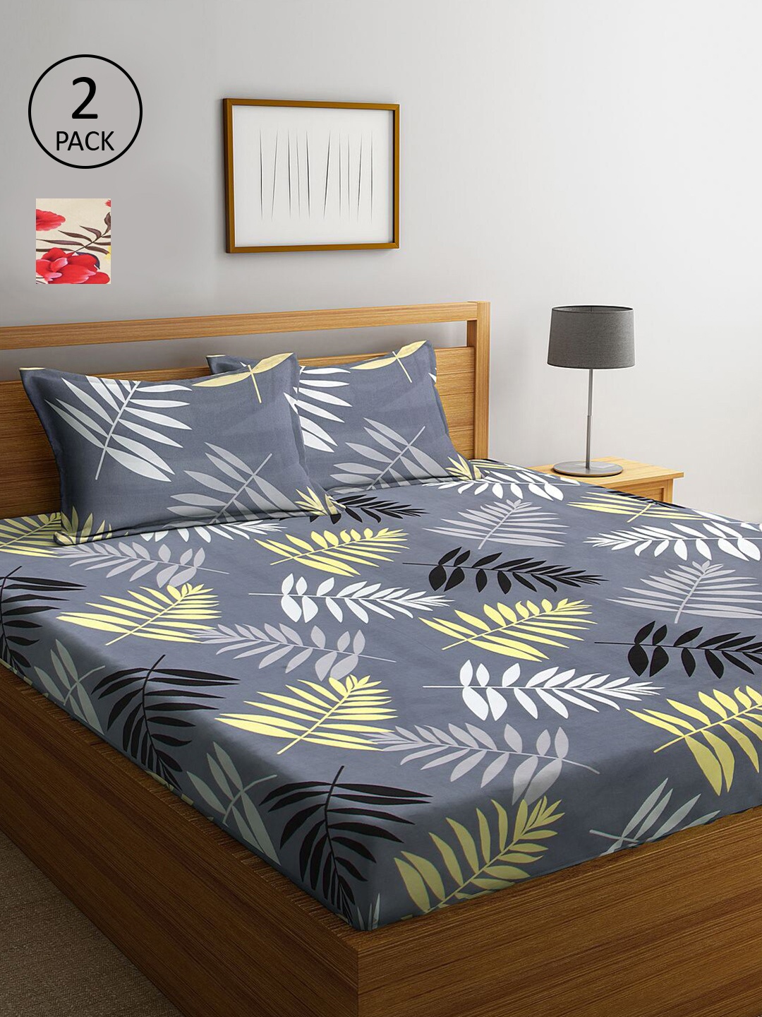 

KLOTTHE Grey & Cream-Coloured Floral 210 TC 2 King Bedsheet with 4 Pillow Covers
