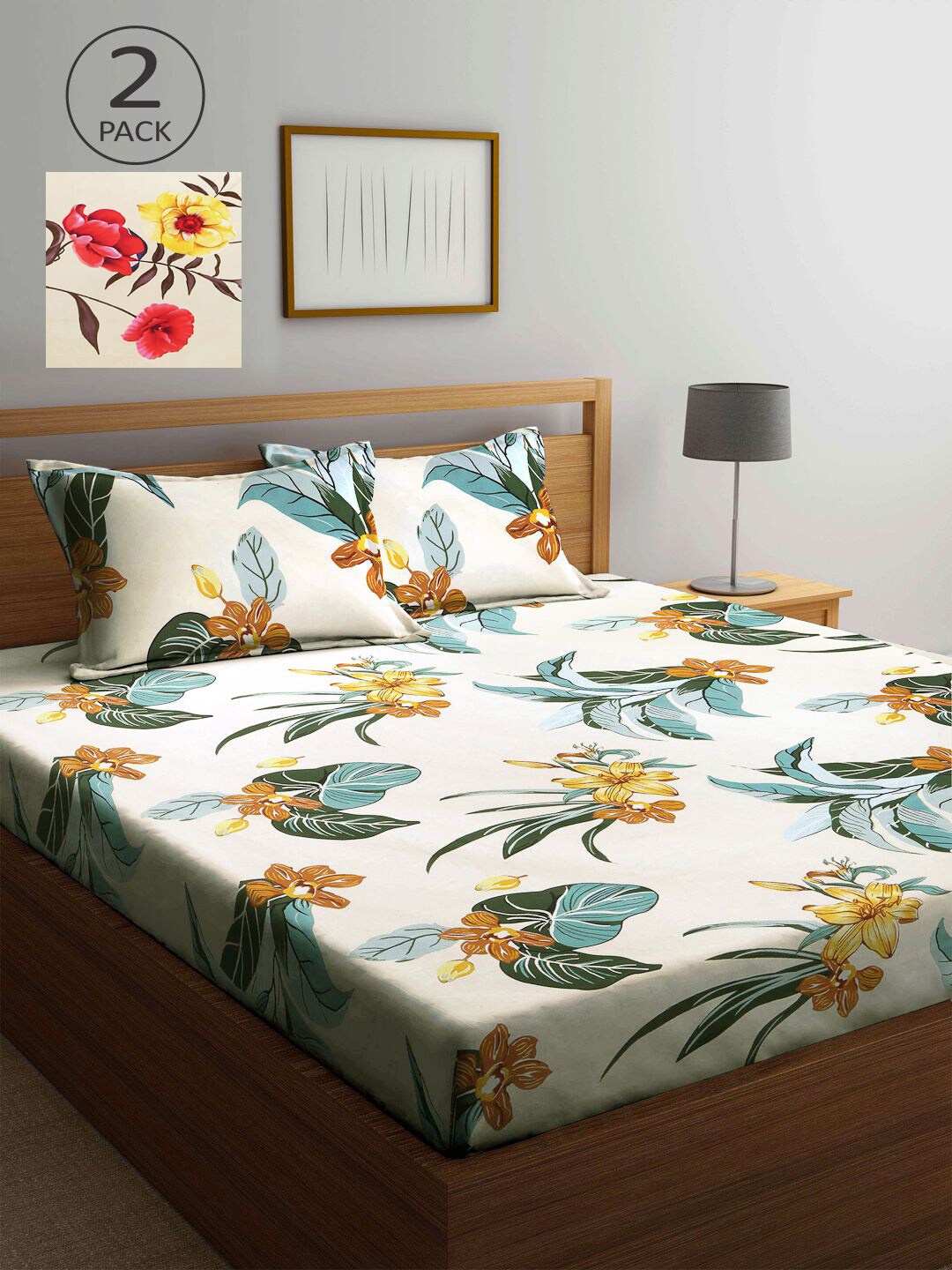 

KLOTTHE Cream-Coloured Floral 210 TC 2 King Bedsheets with 4 Pillow Covers