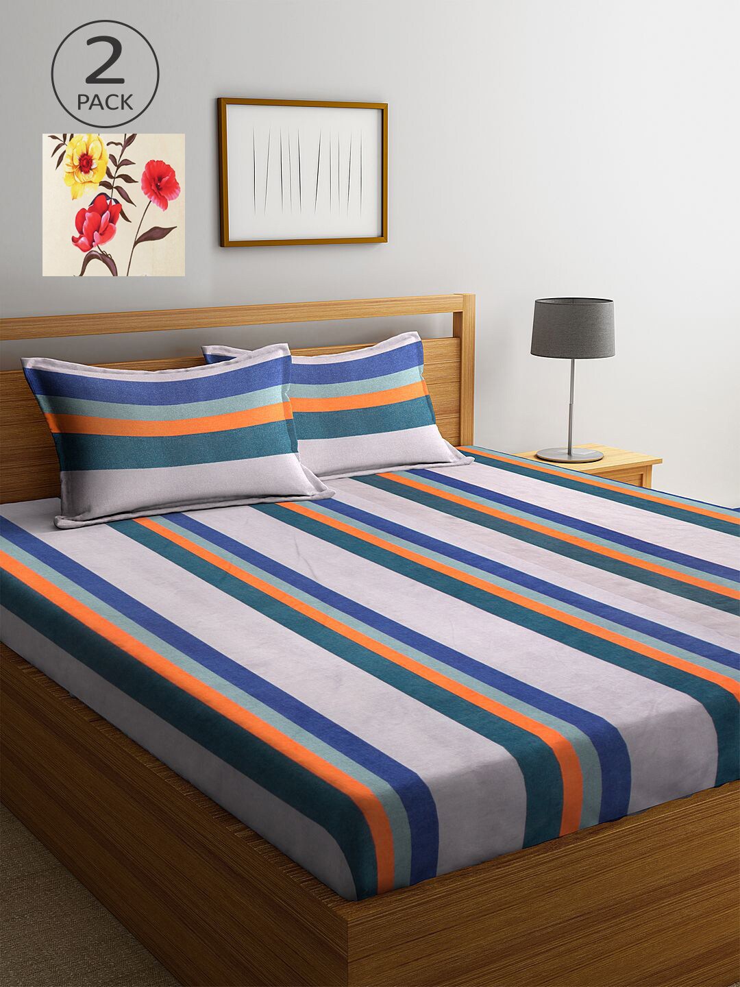 

KLOTTHE Off White & Blue Striped 210 TC 2 King Bedsheet with 4 Pillow Covers