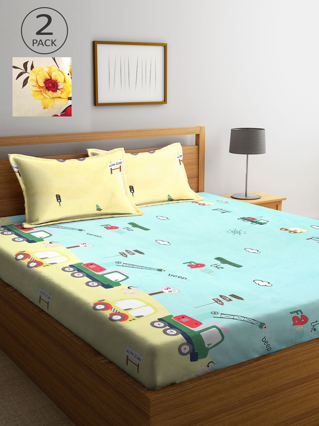 

KLOTTHE Cream-Coloured & Blue Cartoon Characters 210 TC 2 King Bedsheet with 4 Pillow Covers