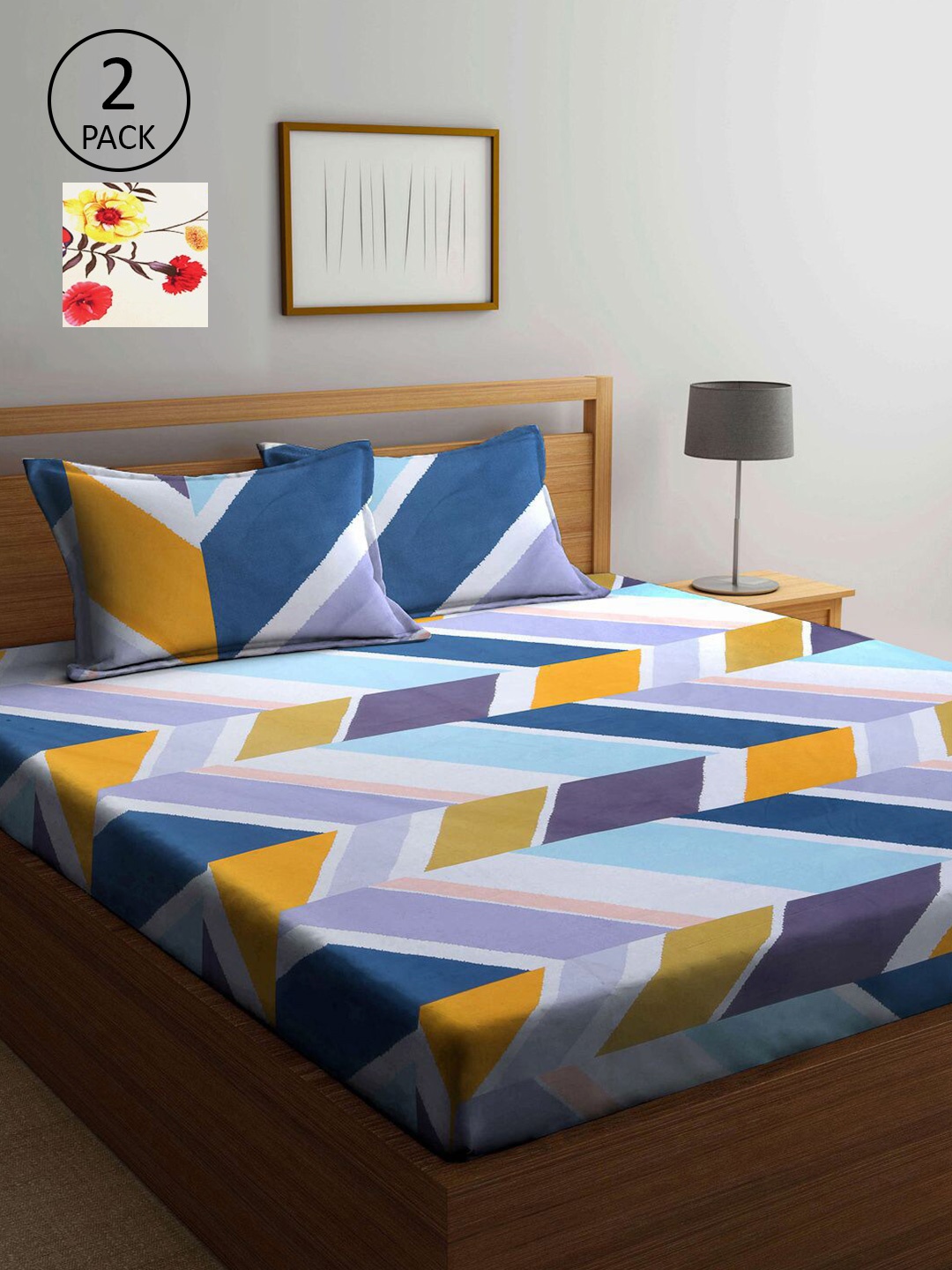 

KLOTTHE Cream-Coloured & Blue Floral 210 TC 2 King Bedsheet with 4 Pillow Covers