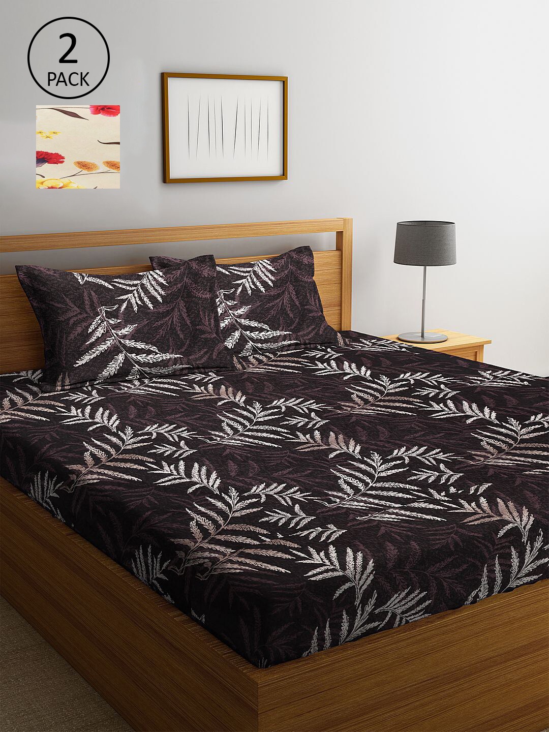 

KLOTTHE Cream-Coloured & Black Floral 210 TC 2 King Bedsheet with 4 Pillow Covers