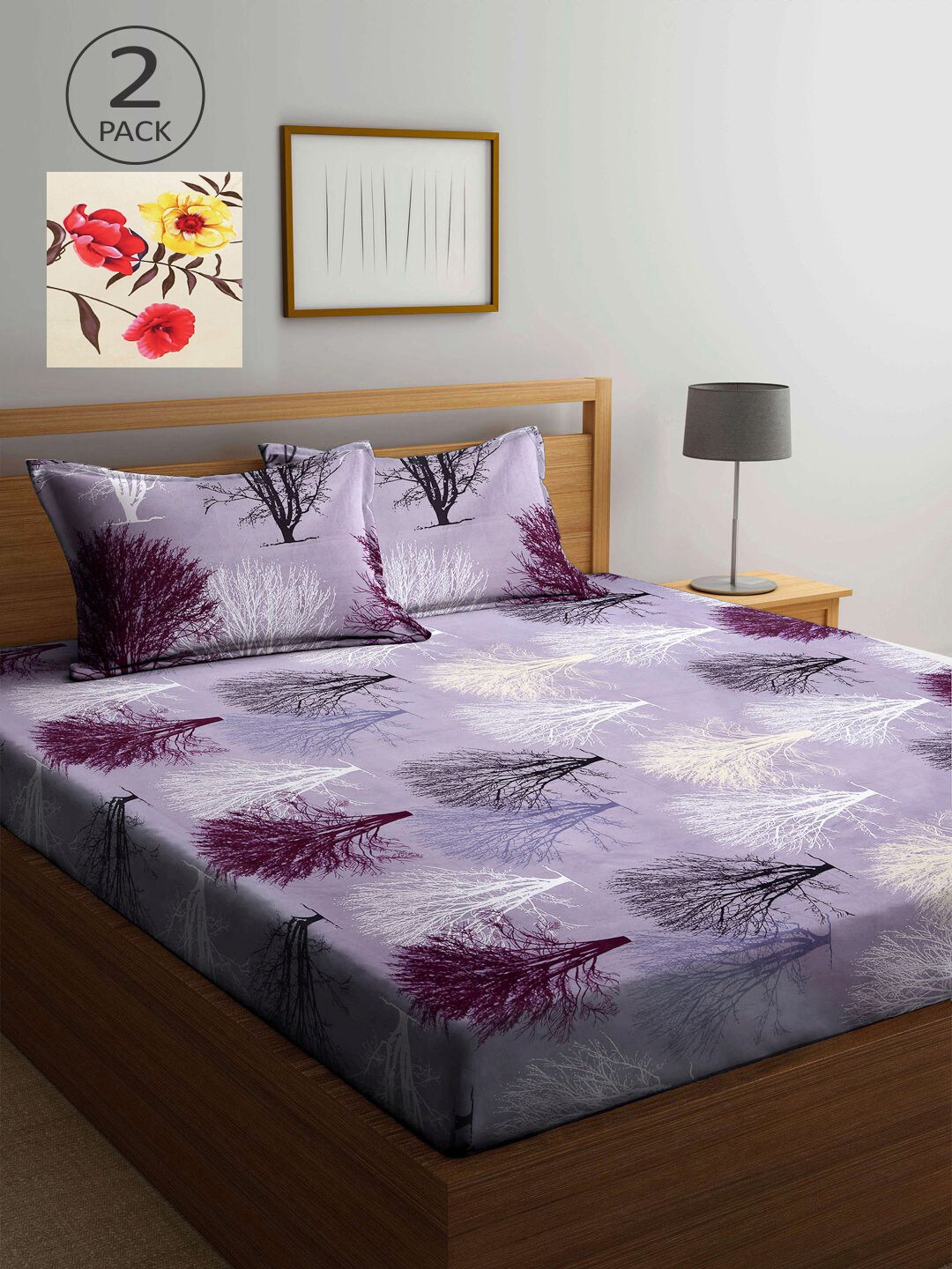 

KLOTTHE Violet & Cream-Coloured Floral 210 TC 2 King Bedsheet with 4 Pillow Covers
