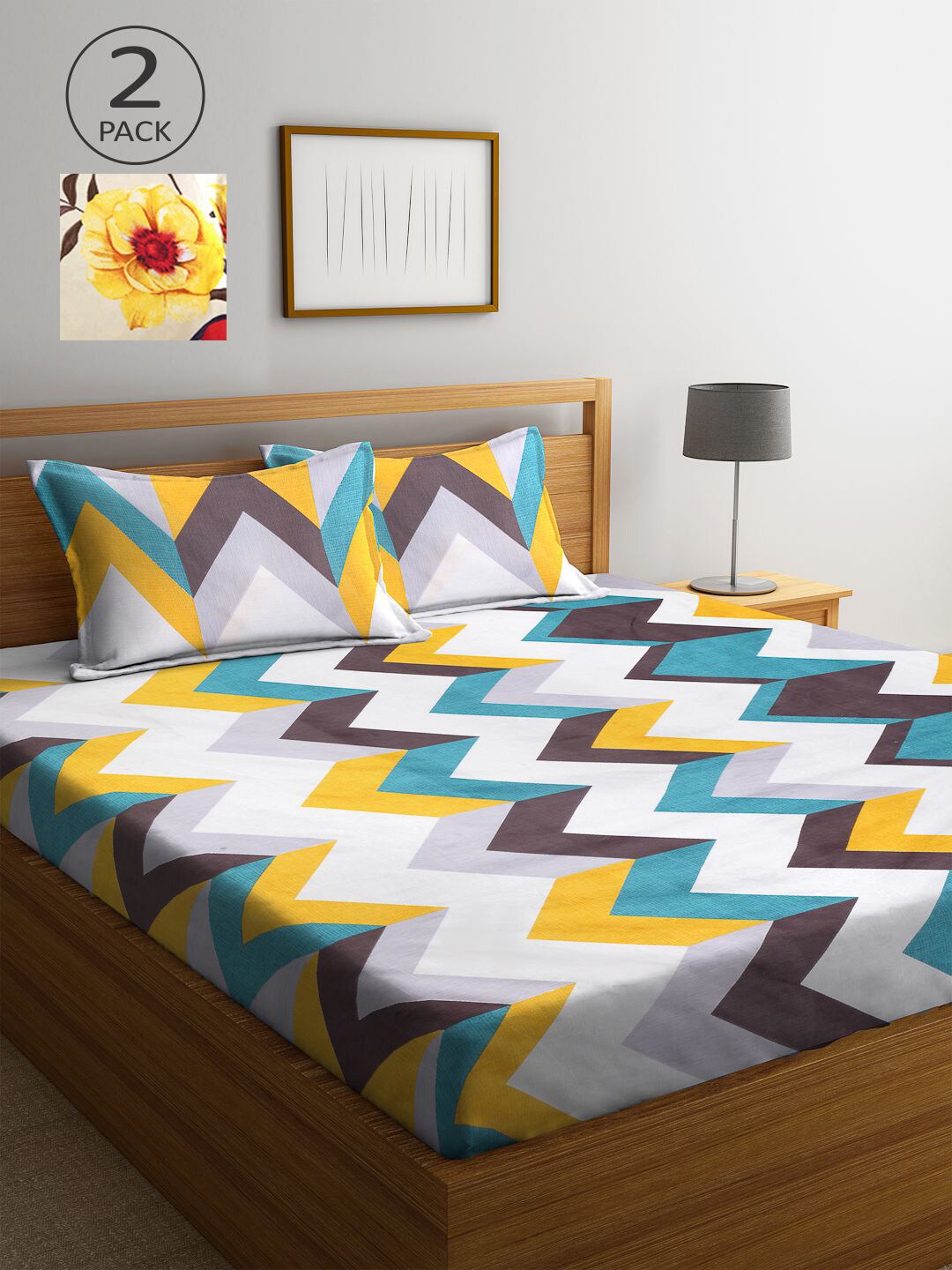 

KLOTTHE White & Yellow Geometric 210 TC 2 King Bedsheet with 4 Pillow Covers