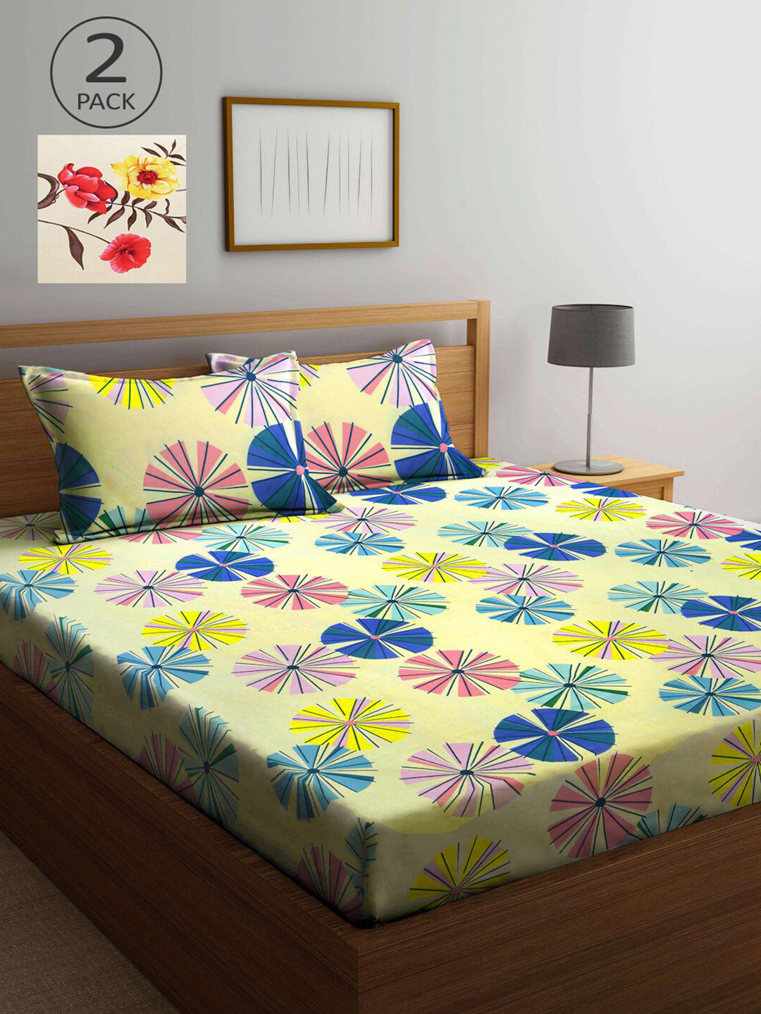 

KLOTTHE Cream-Coloured & Yellow Floral 210 TC 2 King Bedsheet with 4 Pillow Covers