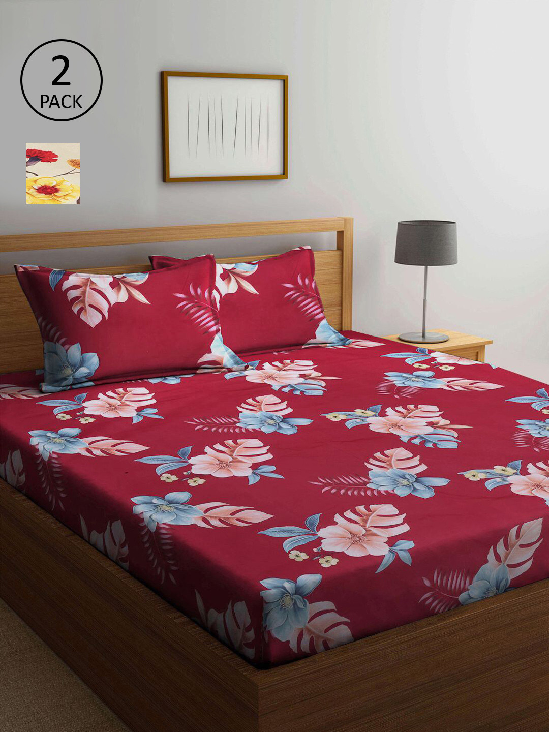 

KLOTTHE Maroon & Cream-Coloured Floral 210 TC 2 King Bedsheet with 4 Pillow Covers