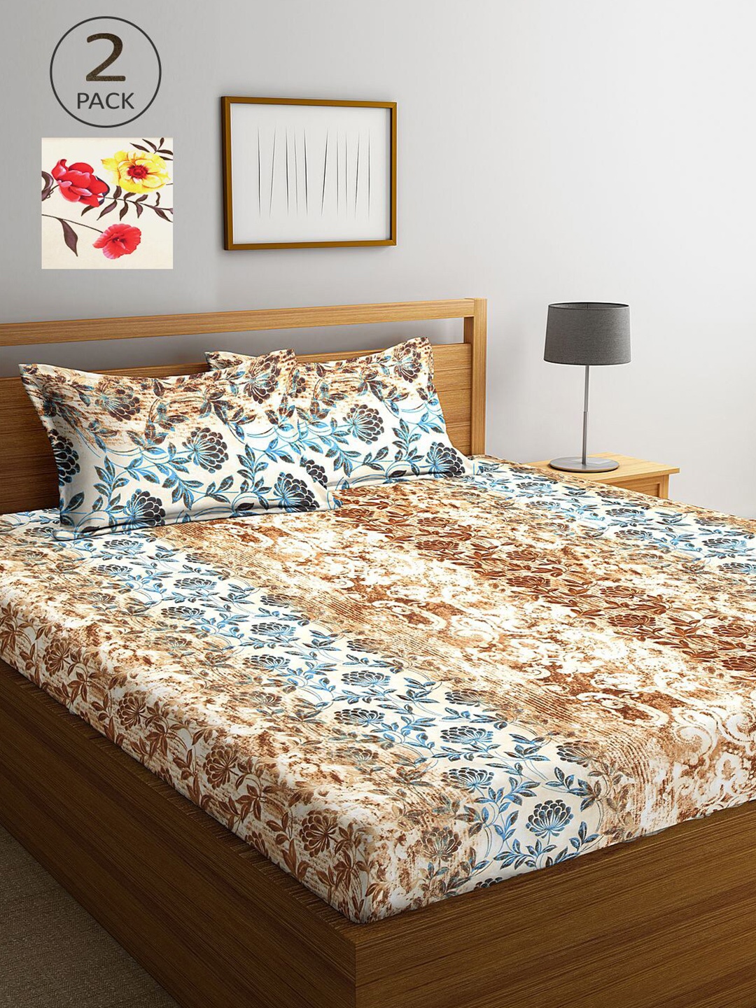 

KLOTTHE Beige & Blue Floral 210 TC 2 King Bedsheet with 4 Pillow Covers